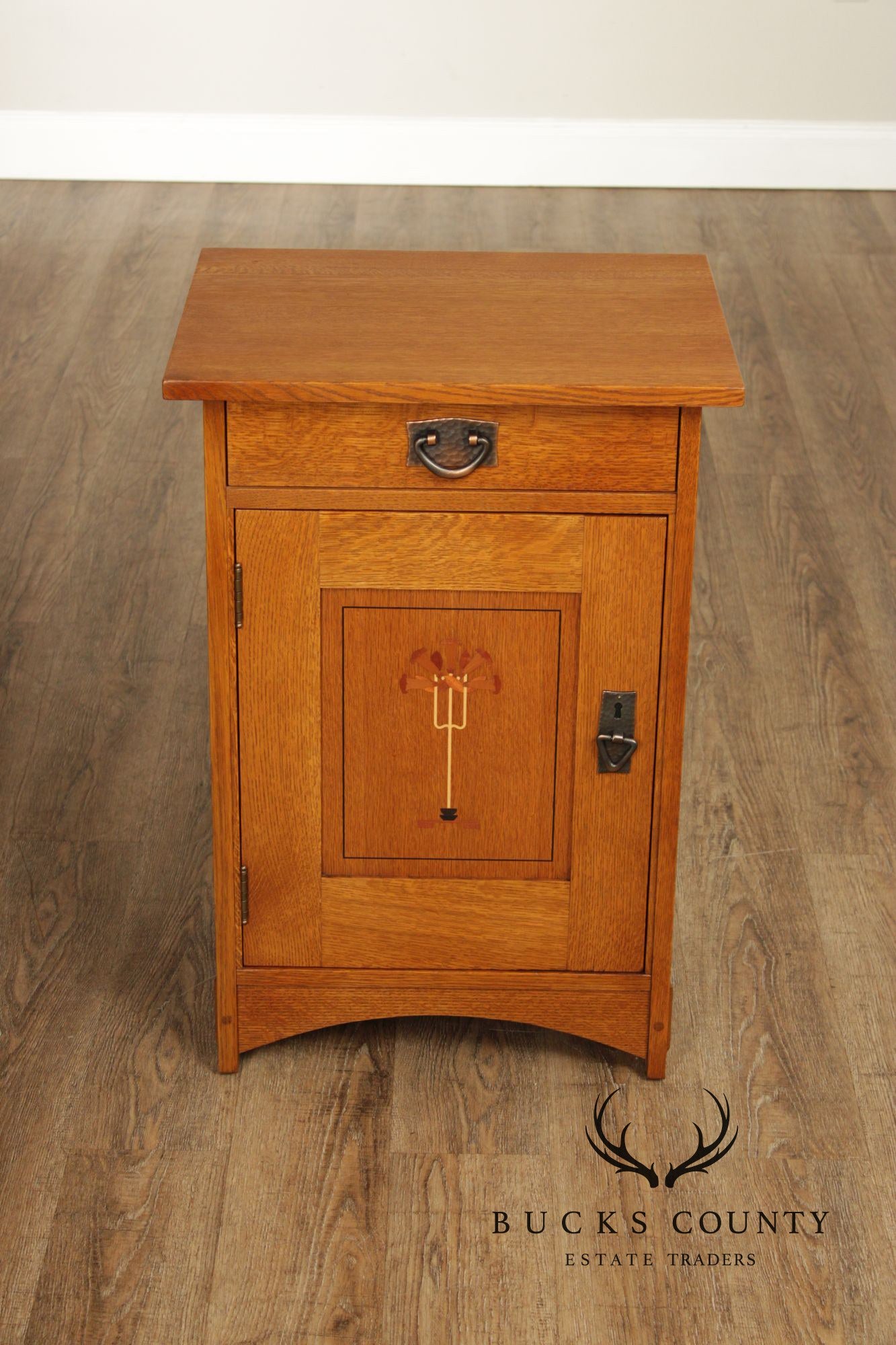 Stickley Mission Collection Pair Inlaid Oak Harvey Ellis Nightstands Bedside Cabinets