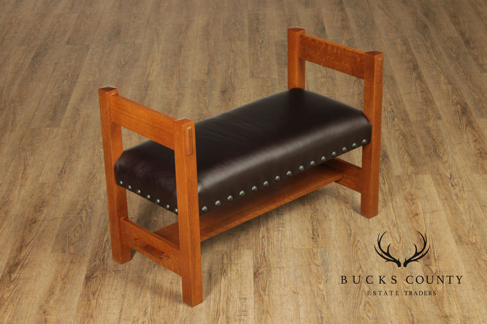 Stickley Mission Collection Oak and Leather Bench