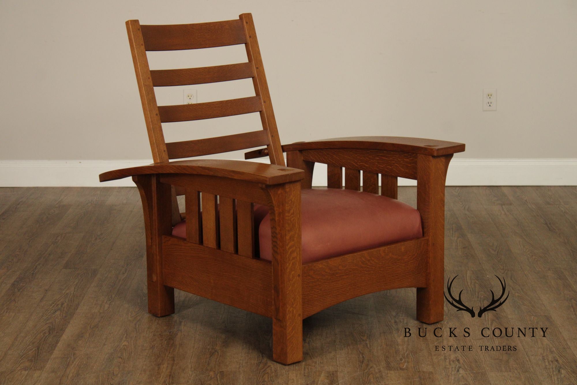 Stickley Mission Collection Oak And Leather Bow Arm Morris Chair