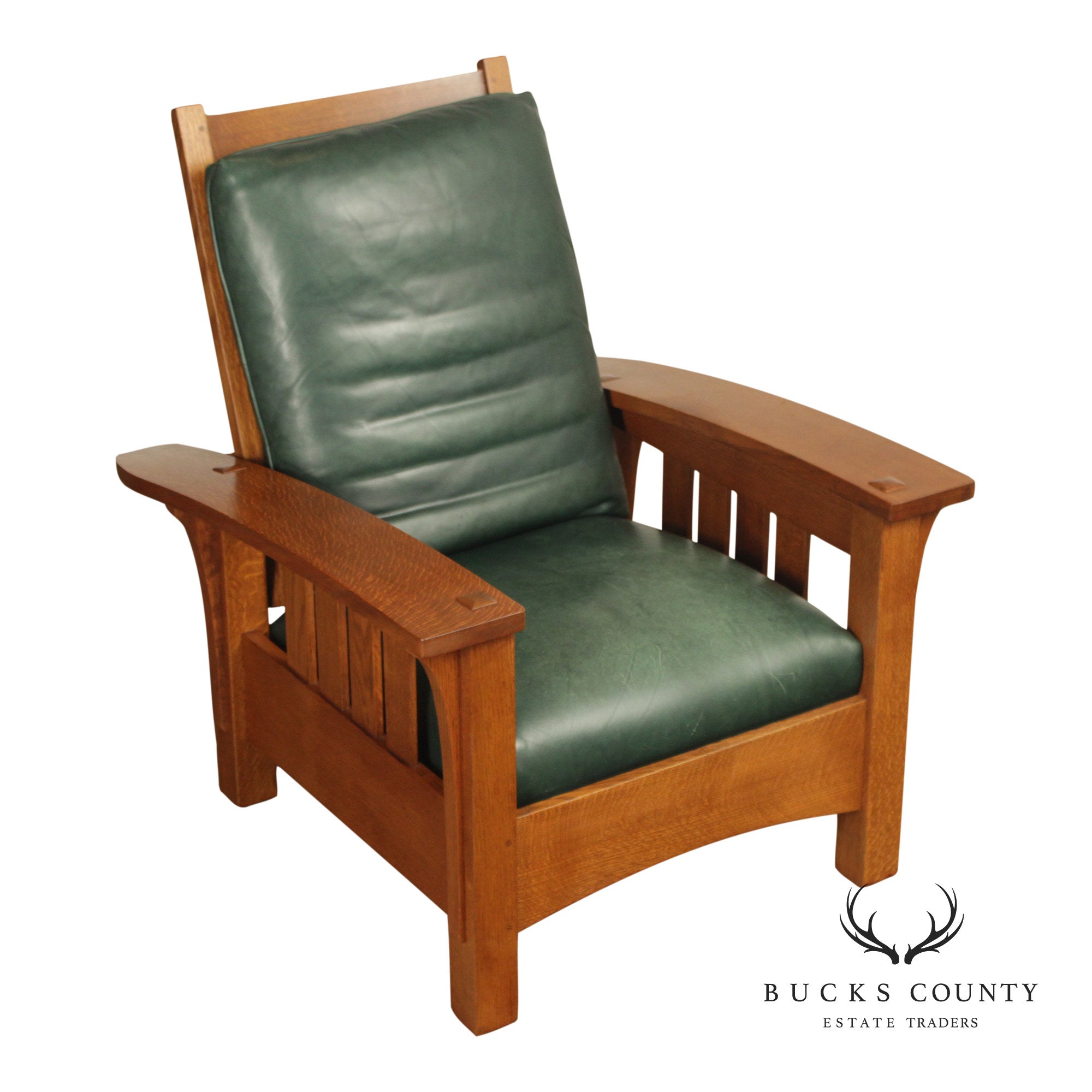 Stickley Mission Collection Oak and Leather Bow Arm Morris Chair