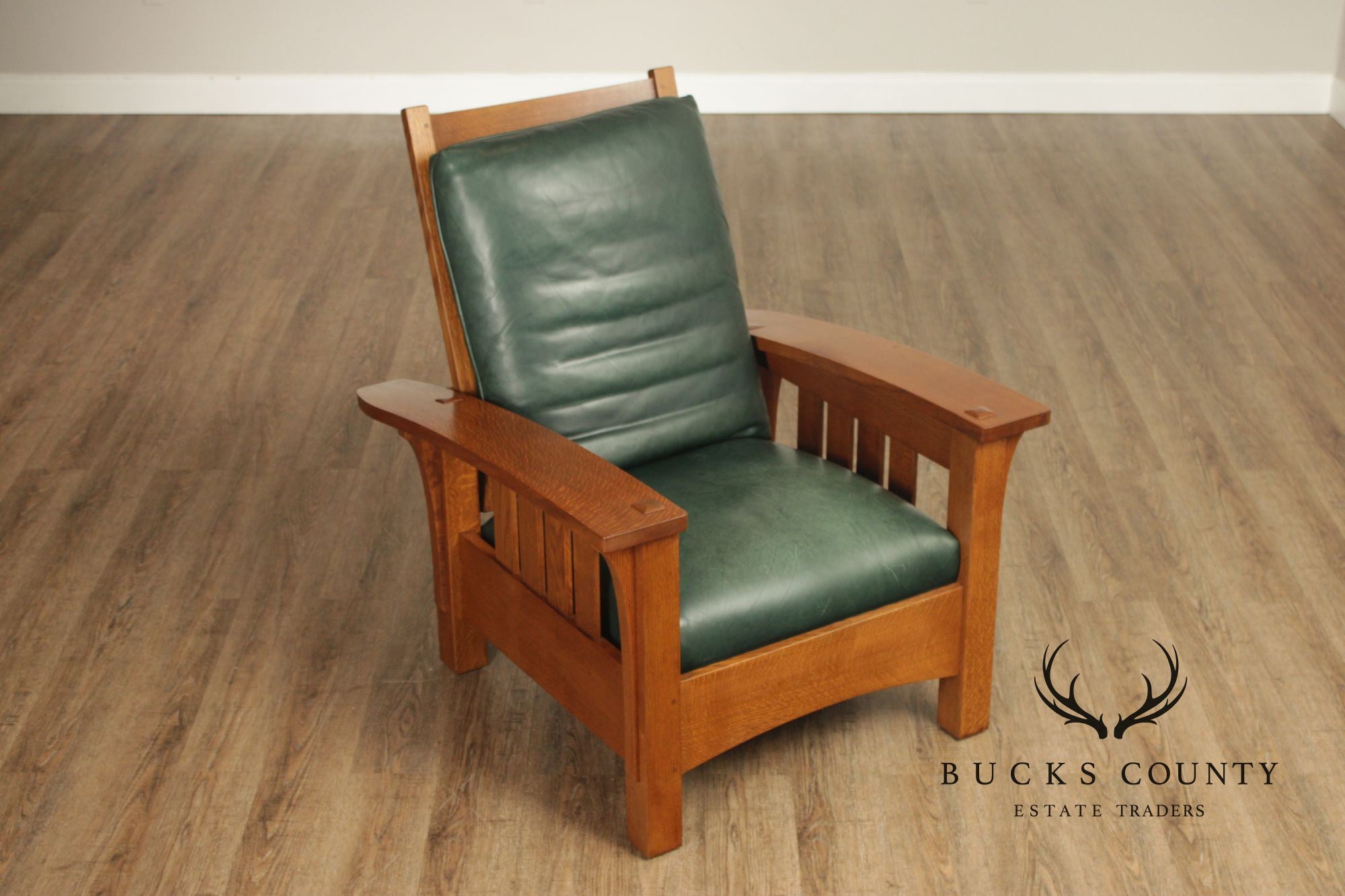 Stickley Mission Collection Oak and Leather Bow Arm Morris Chair