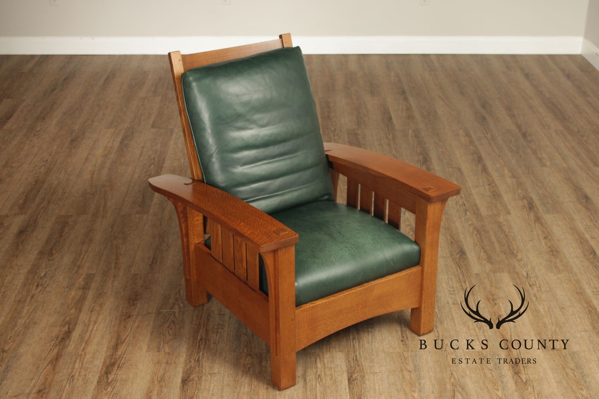 Stickley Mission Collection Oak and Leather Bow Arm Morris Chair