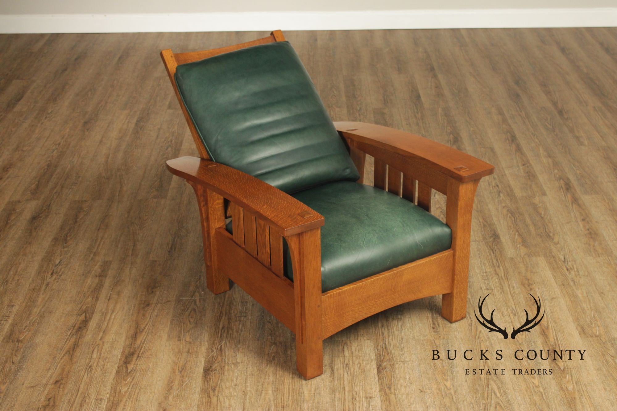 Stickley Mission Collection Oak and Leather Bow Arm Morris Chair