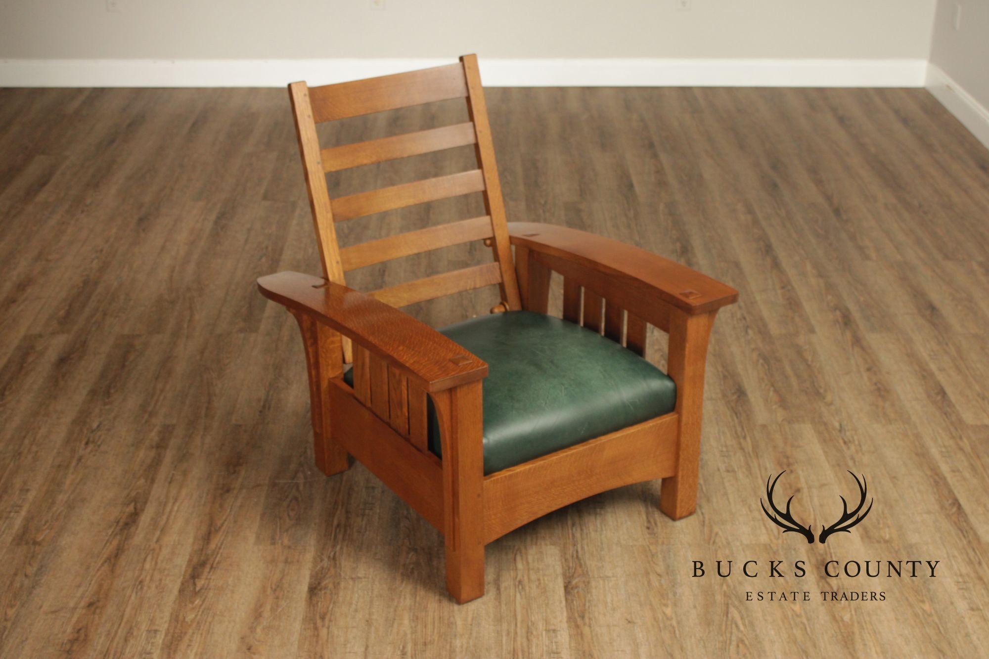 Stickley Mission Collection Oak and Leather Bow Arm Morris Chair