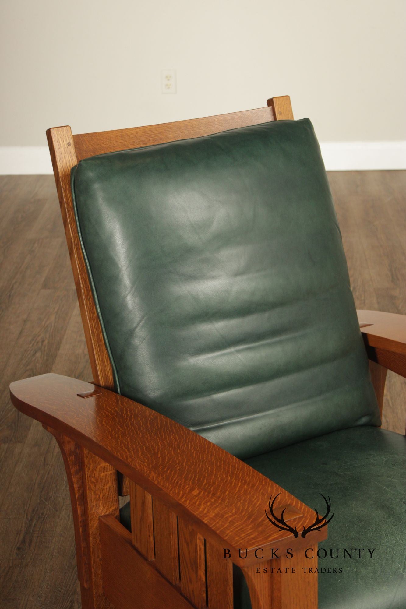Stickley Mission Collection Oak and Leather Bow Arm Morris Chair