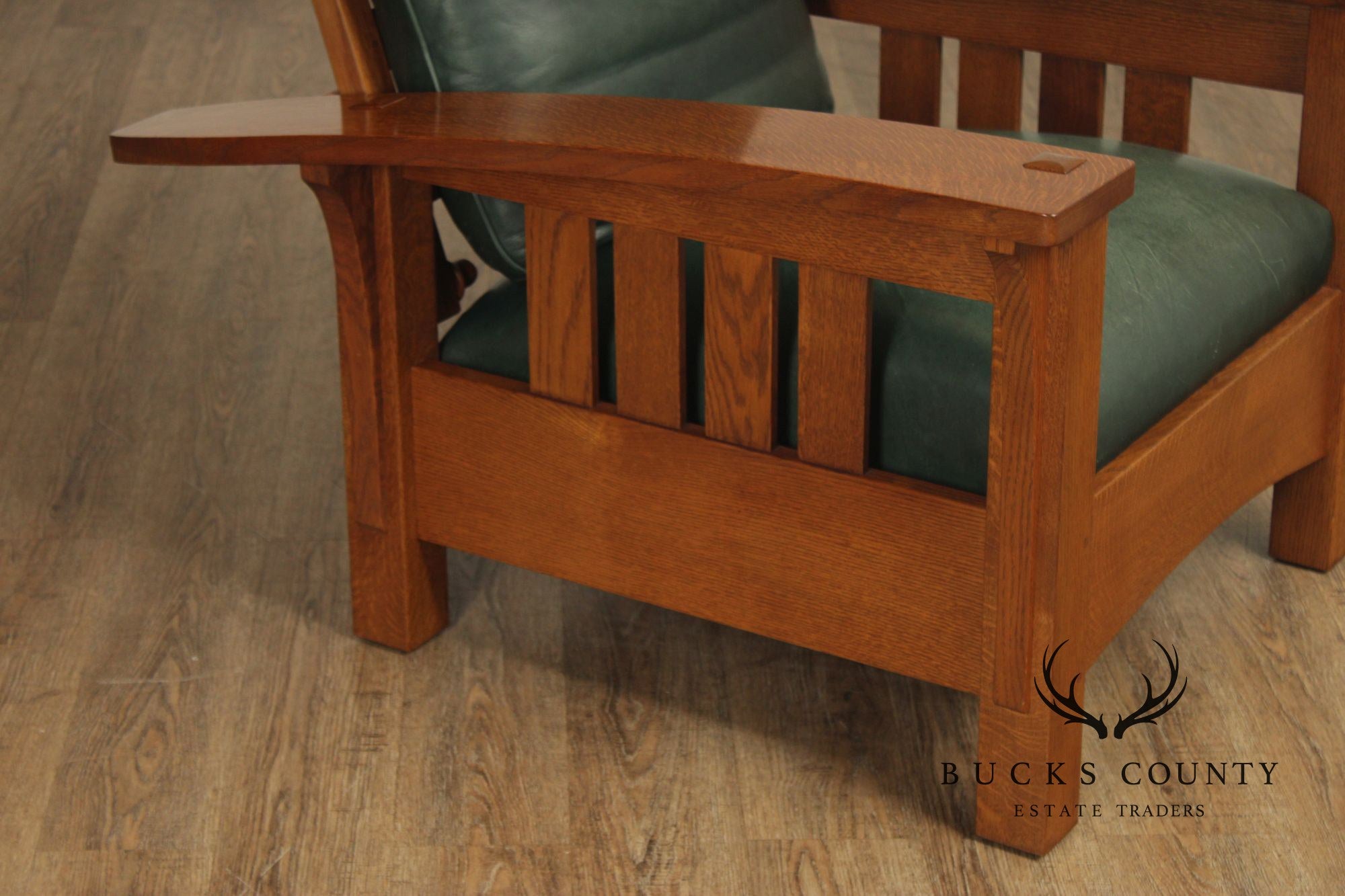 Stickley Mission Collection Oak and Leather Bow Arm Morris Chair