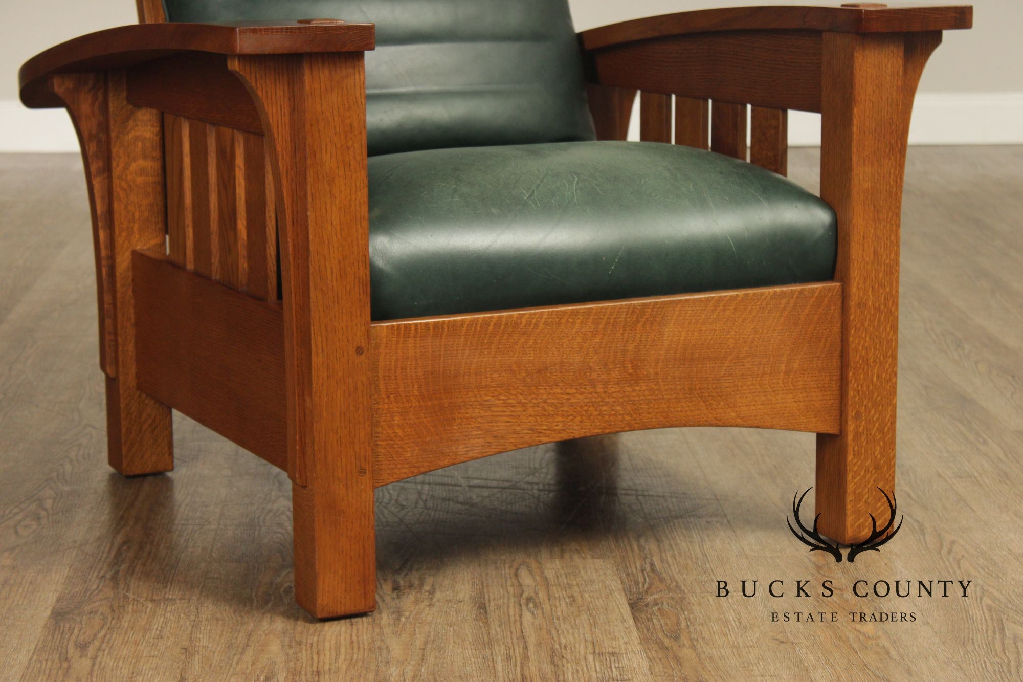 Stickley Mission Collection Oak and Leather Bow Arm Morris Chair