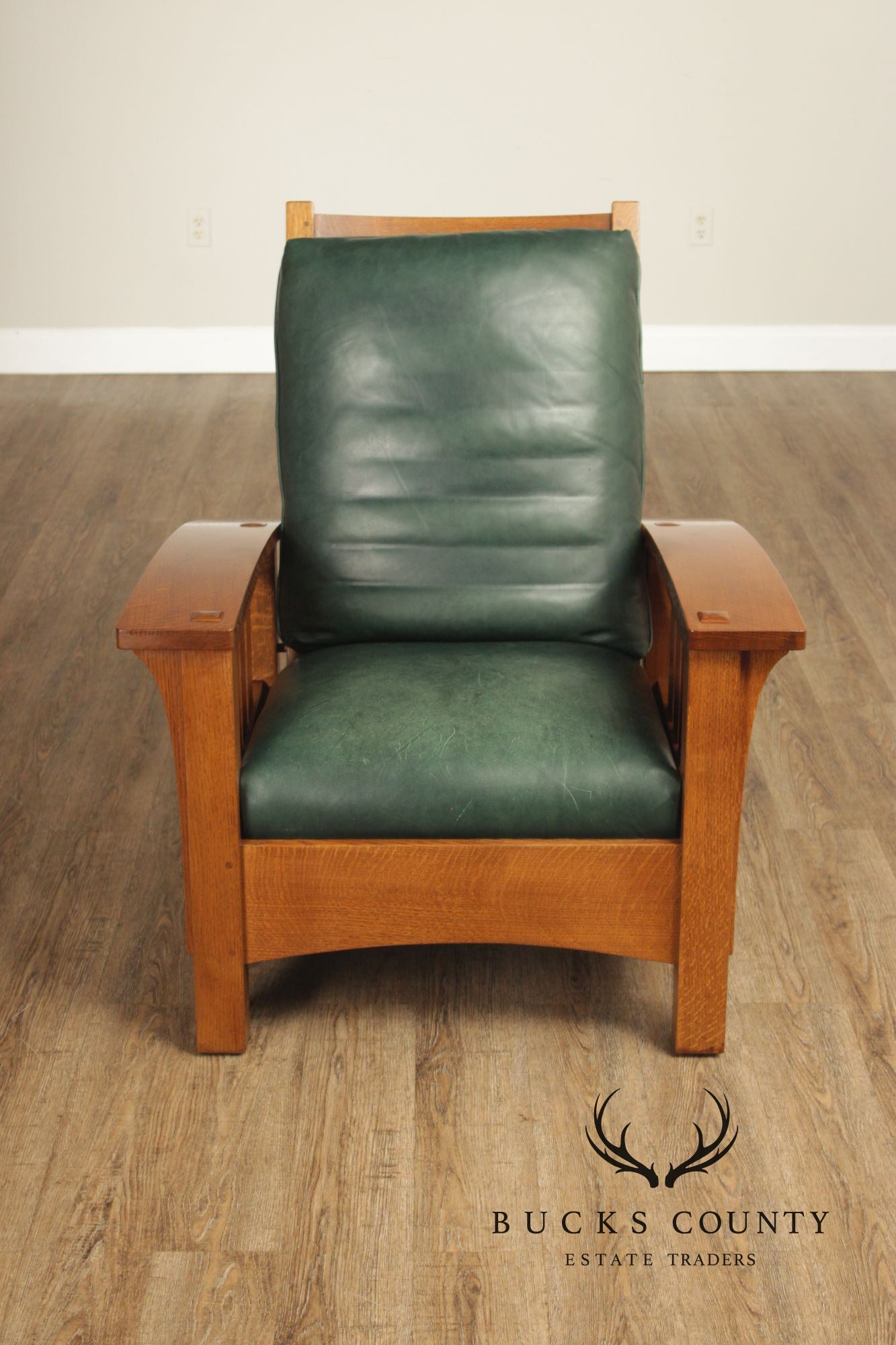 Stickley Mission Collection Oak and Leather Bow Arm Morris Chair