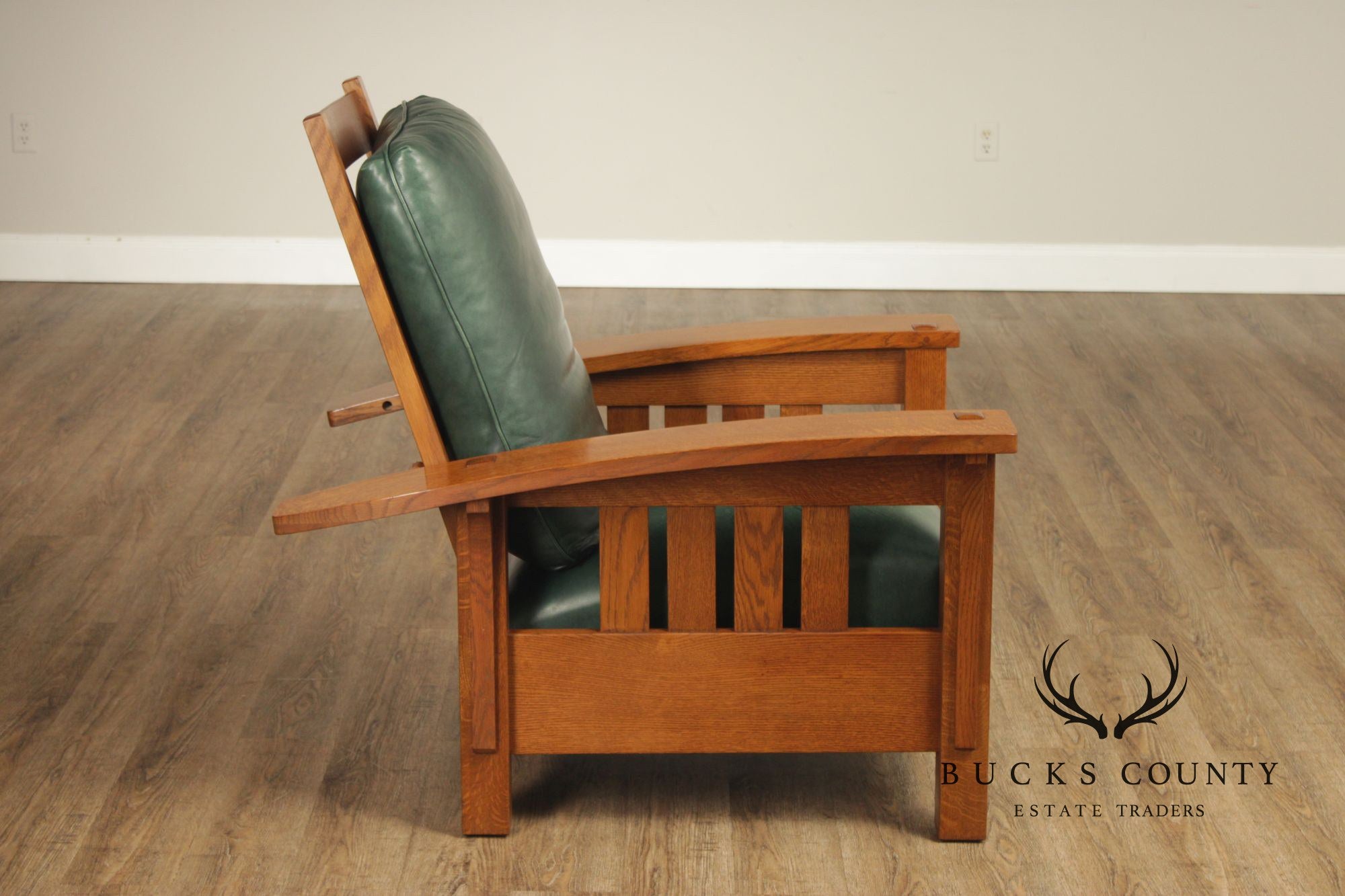 Stickley Mission Collection Oak and Leather Bow Arm Morris Chair
