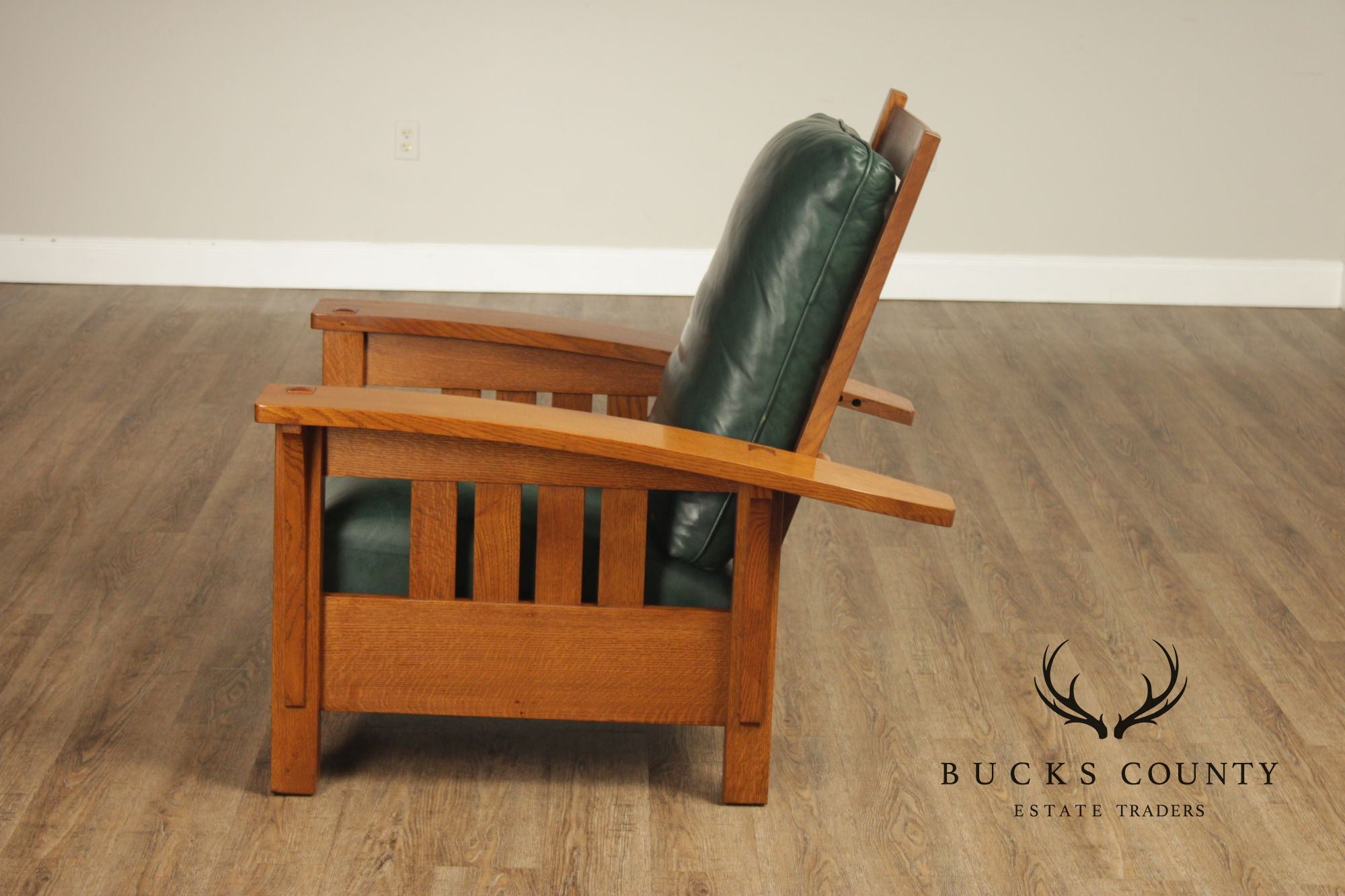 Stickley Mission Collection Oak and Leather Bow Arm Morris Chair