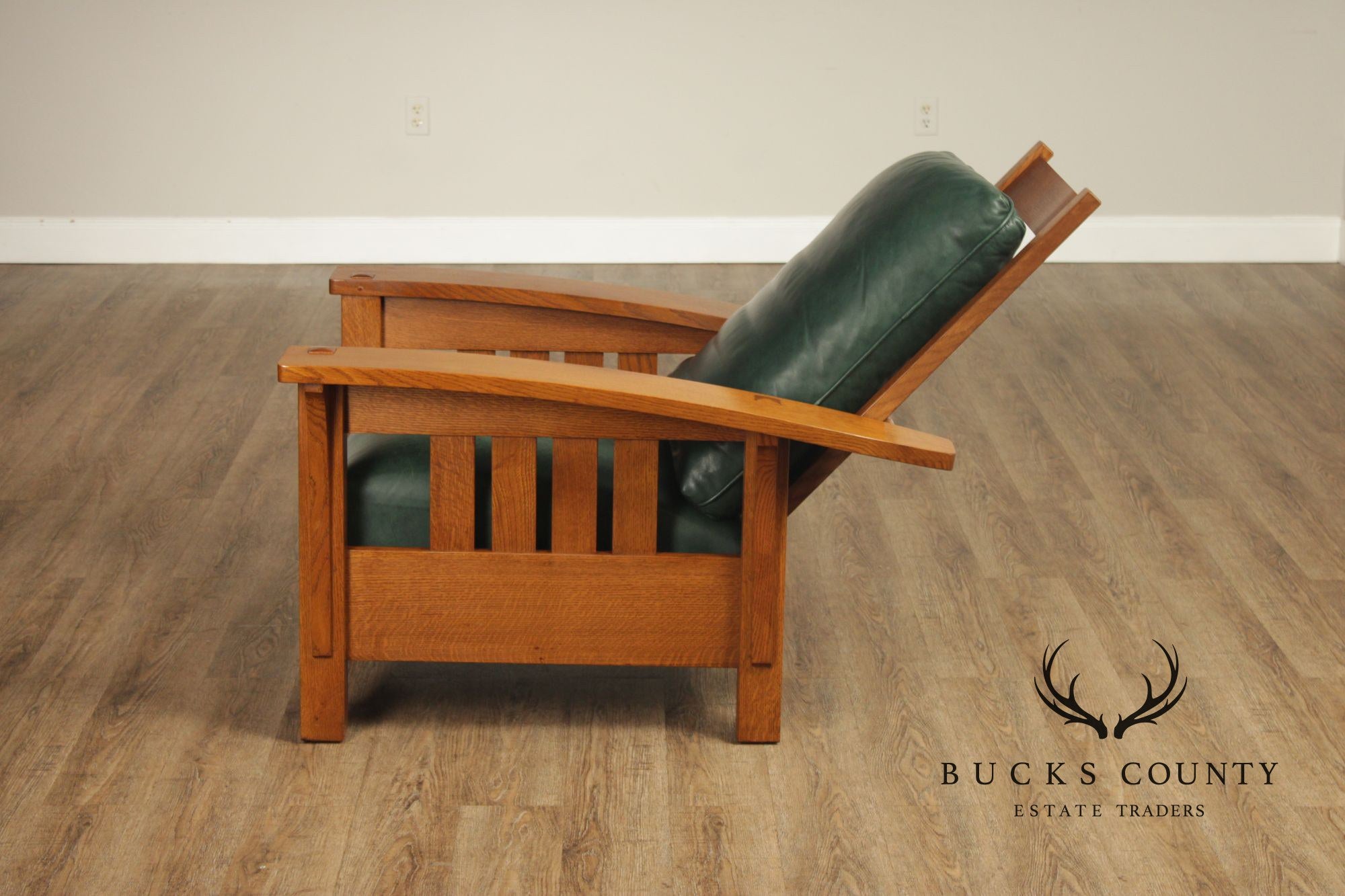 Stickley Mission Collection Oak and Leather Bow Arm Morris Chair