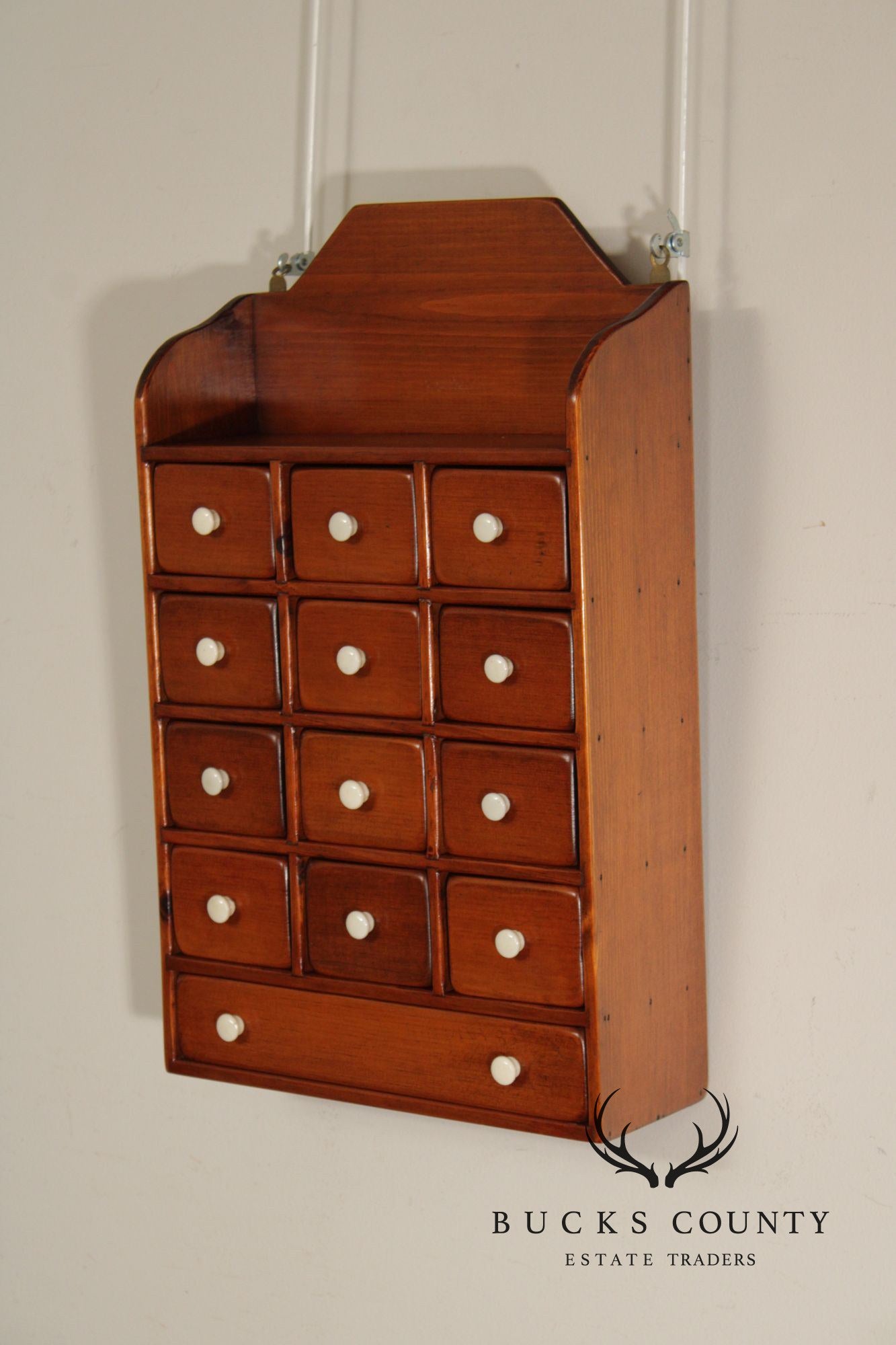Country Pine Hanging Spice Cabinet With Drawers And White Knobs