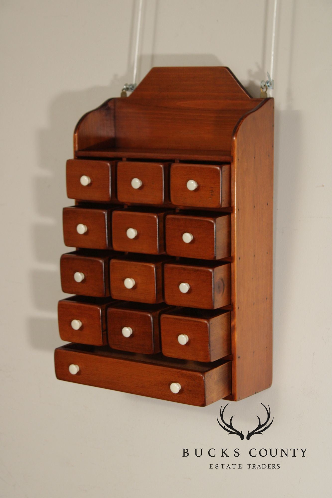 Country Pine Hanging Spice Cabinet With Drawers And White Knobs