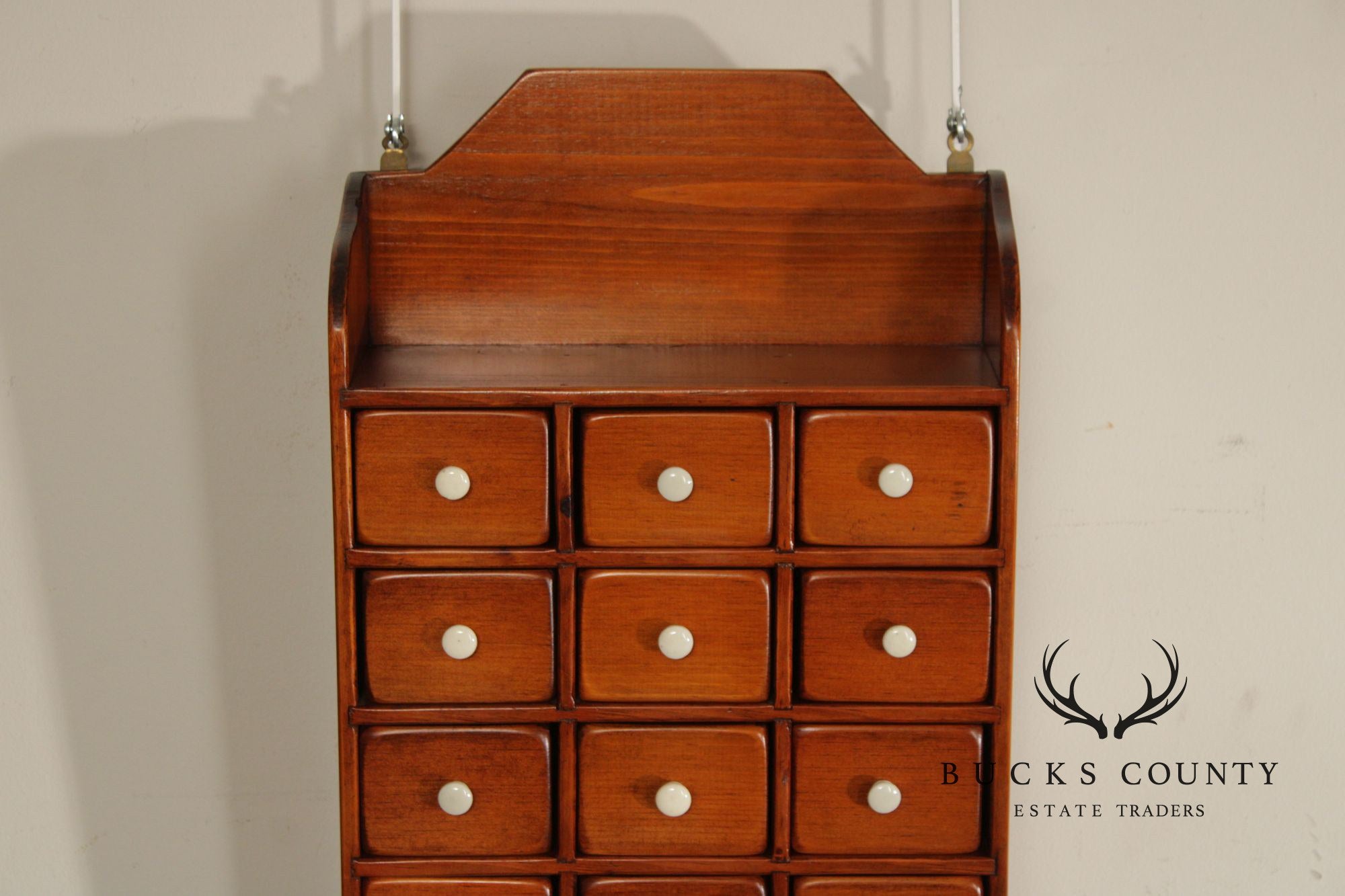 Country Pine Hanging Spice Cabinet With Drawers And White Knobs