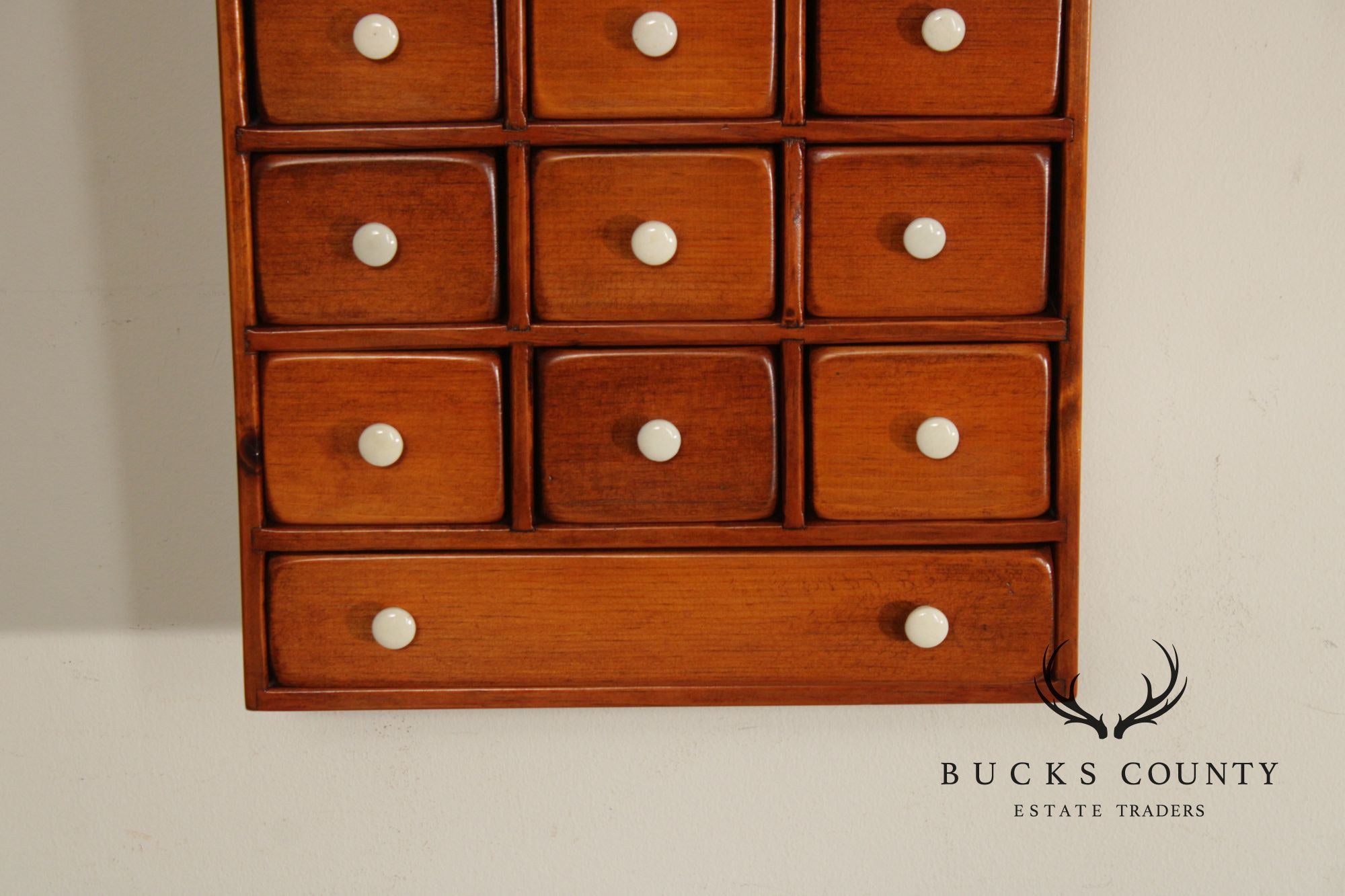 Country Pine Hanging Spice Cabinet With Drawers And White Knobs