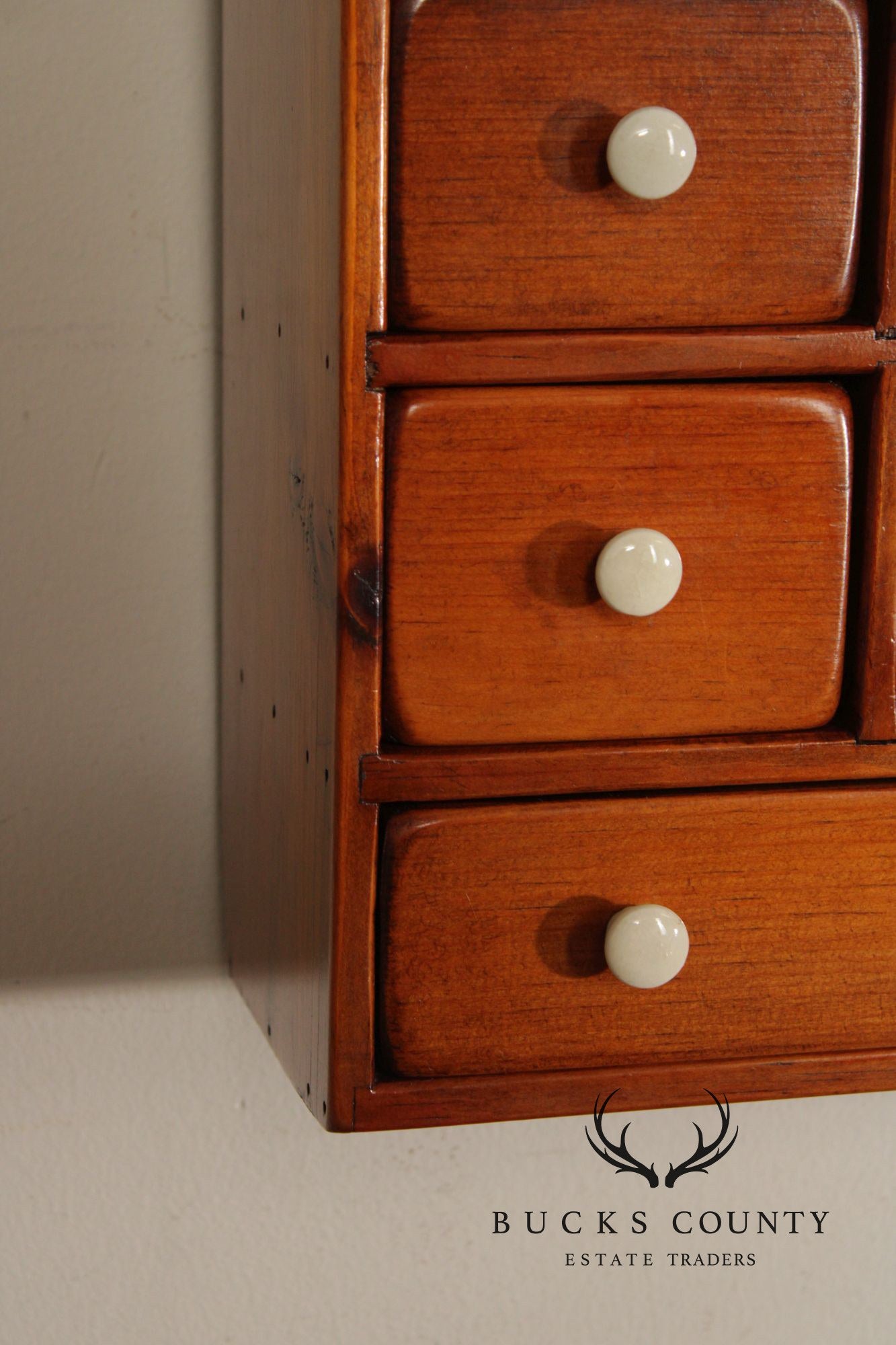 Country Pine Hanging Spice Cabinet With Drawers And White Knobs