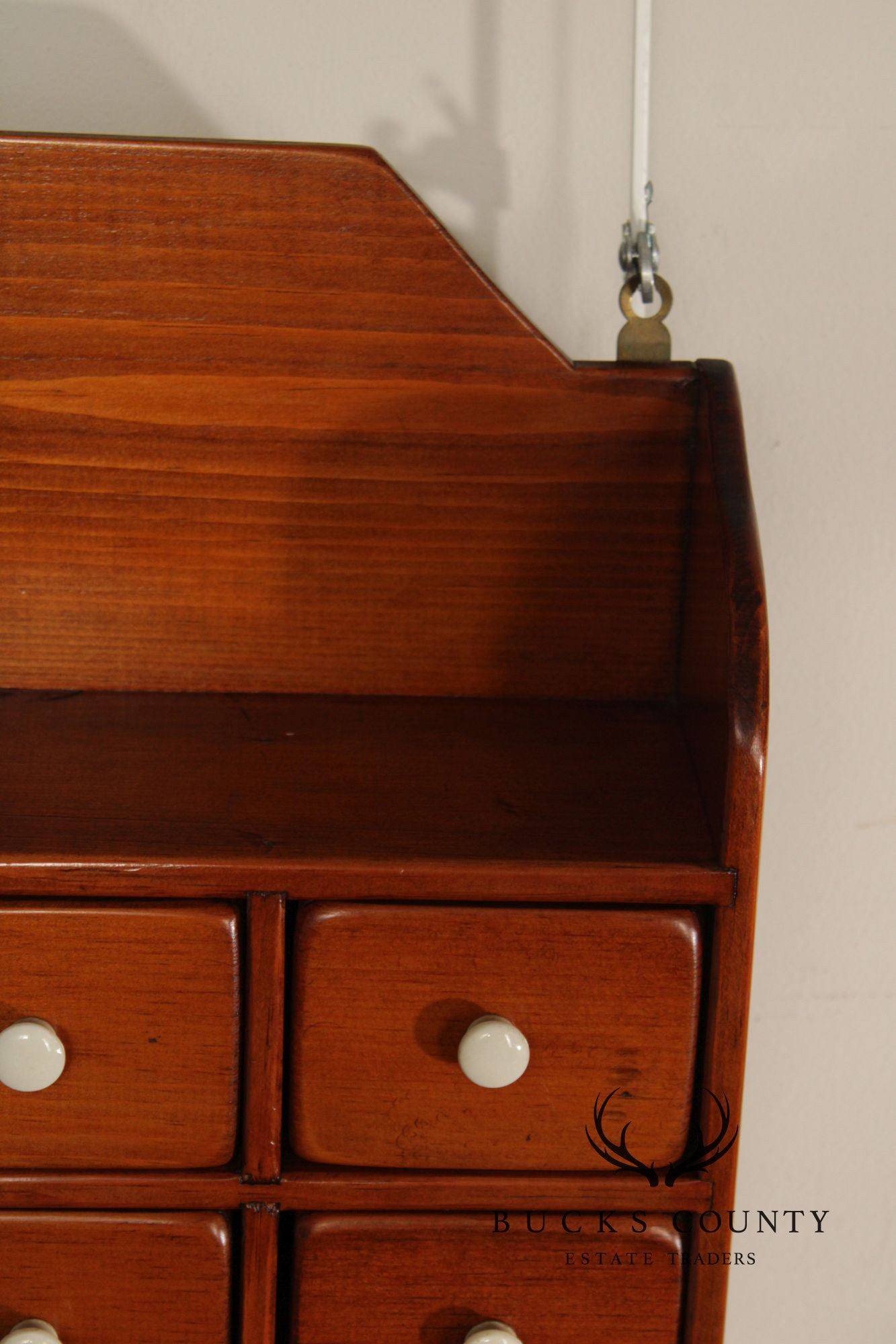 Country Pine Hanging Spice Cabinet With Drawers And White Knobs