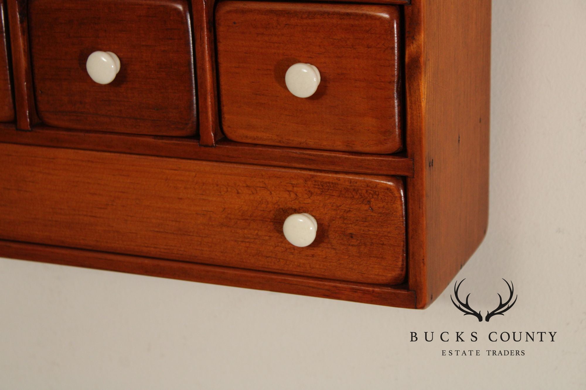 Country Pine Hanging Spice Cabinet With Drawers And White Knobs