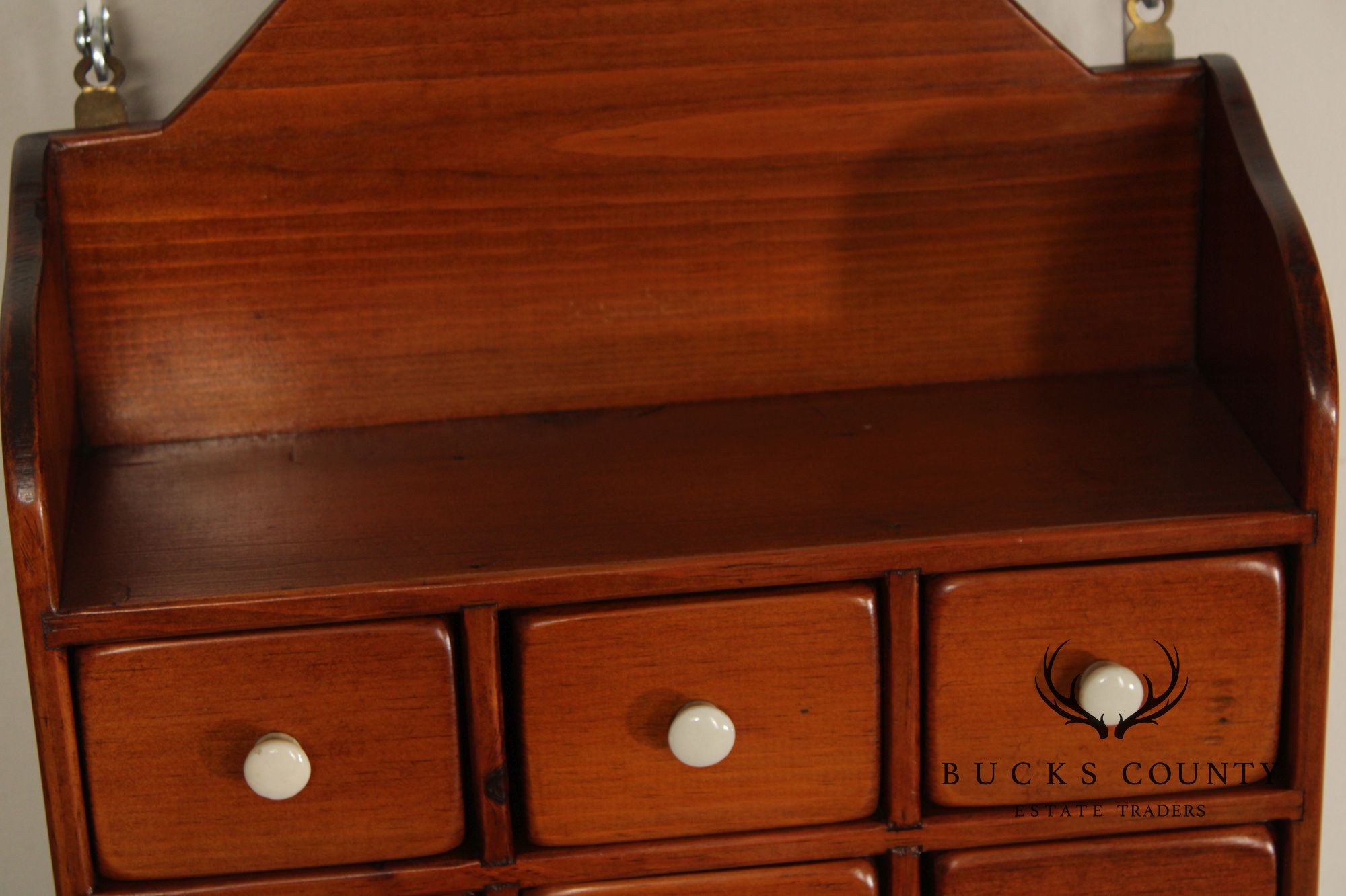 Country Pine Hanging Spice Cabinet With Drawers And White Knobs
