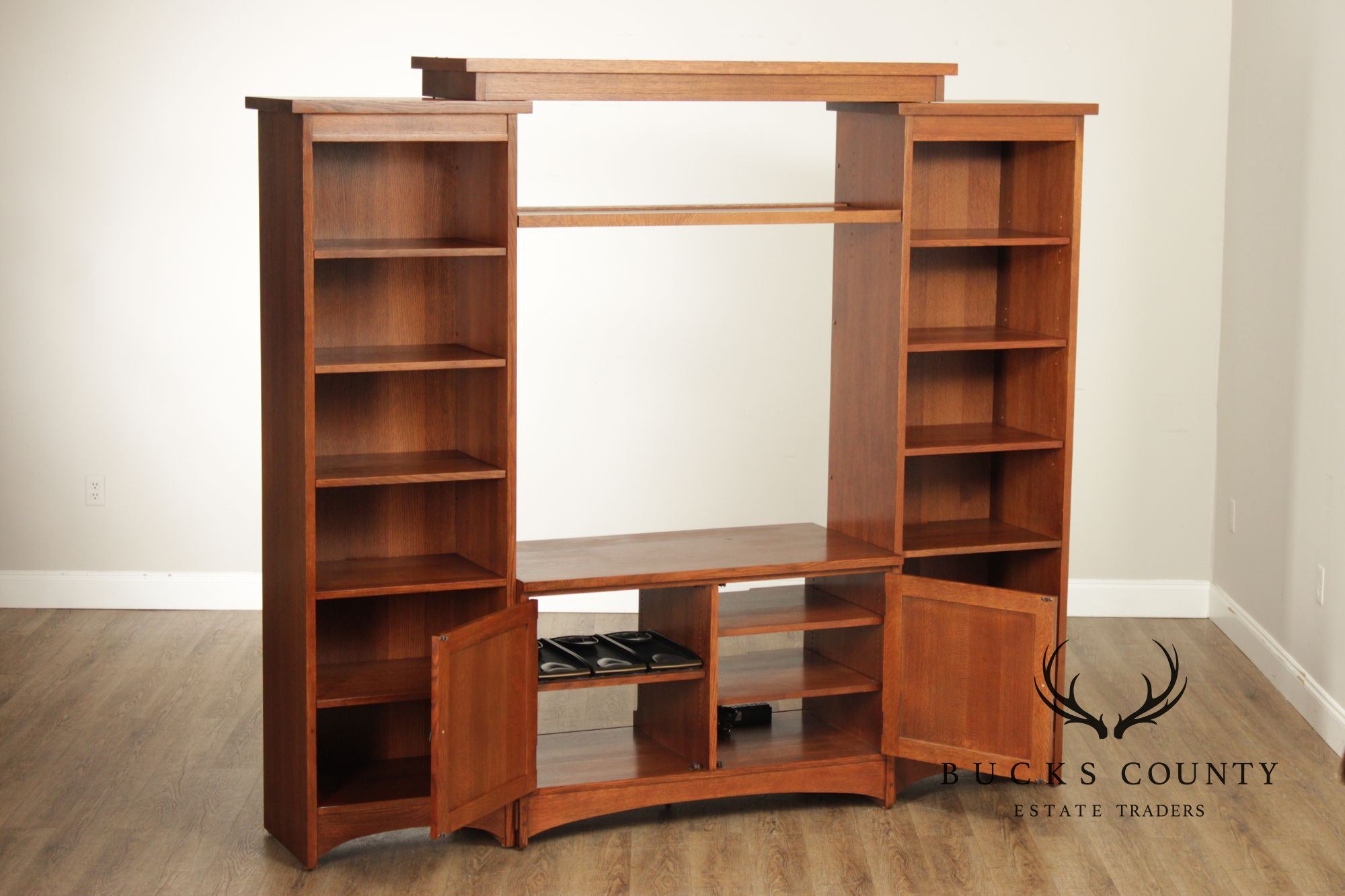 Stickley Mission Collection Oak Wall Unit Entertainment Cabinet With Bookshelves