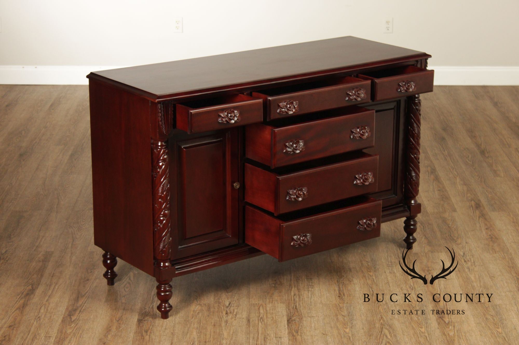 Carlton McLendon Victorian Style Solid Mahogany Carved Sideboard