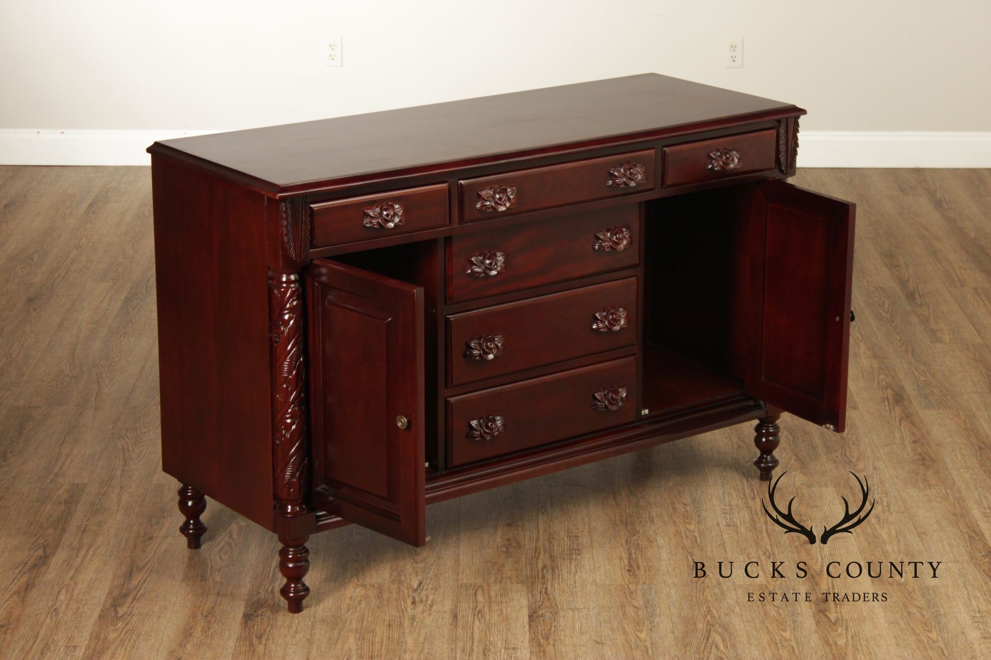 Carlton McLendon Victorian Style Solid Mahogany Carved Sideboard
