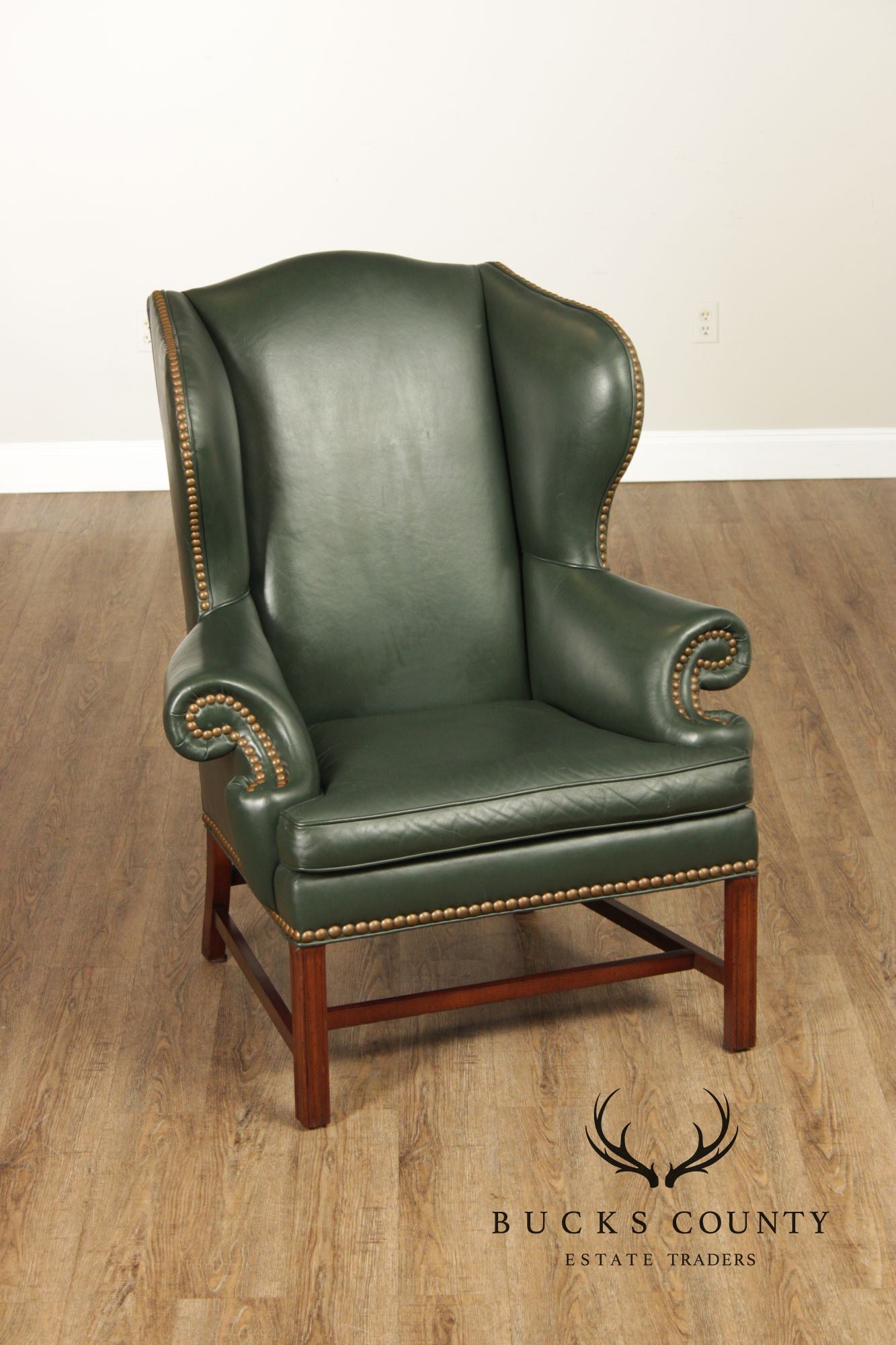 Whittemore Sherrill Chippendale Style Pair Of Green Leather Wing Chairs
