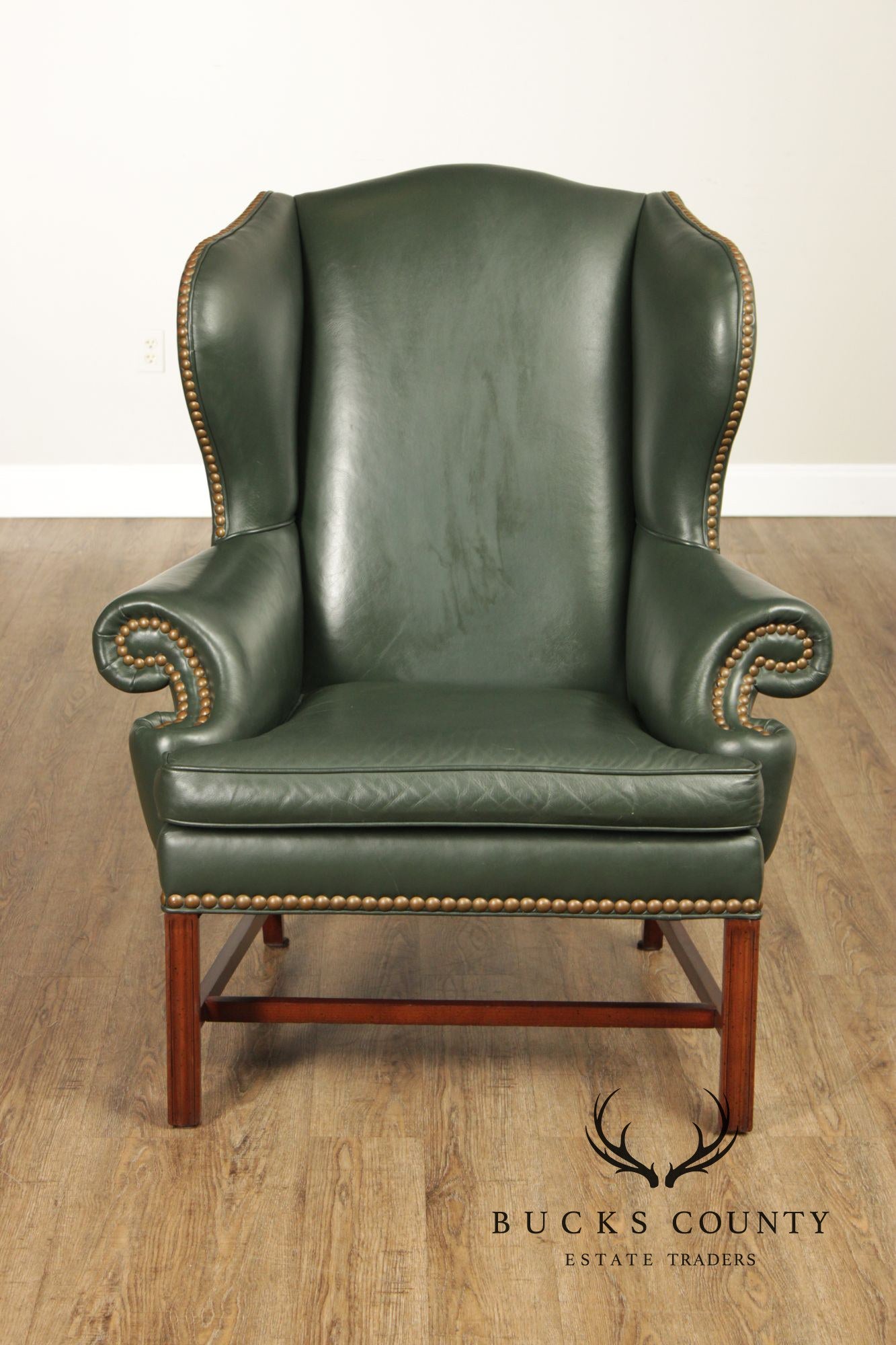 Whittemore Sherrill Chippendale Style Pair Of Green Leather Wing Chairs