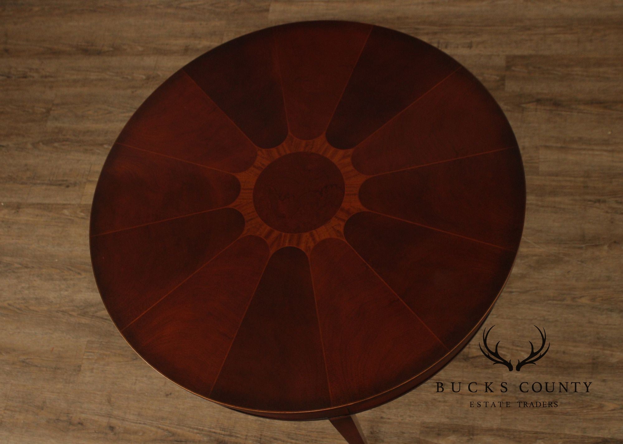 Baker Neoclassical Style Mahogany Inlaid Sunburst Round Center Table