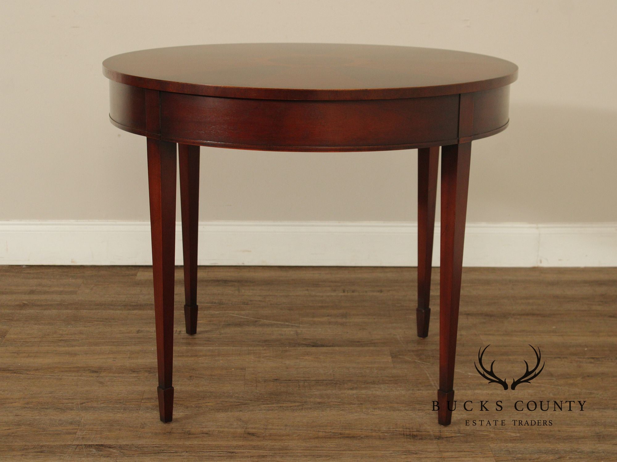 Baker Neoclassical Style Mahogany Inlaid Sunburst Round Center Table