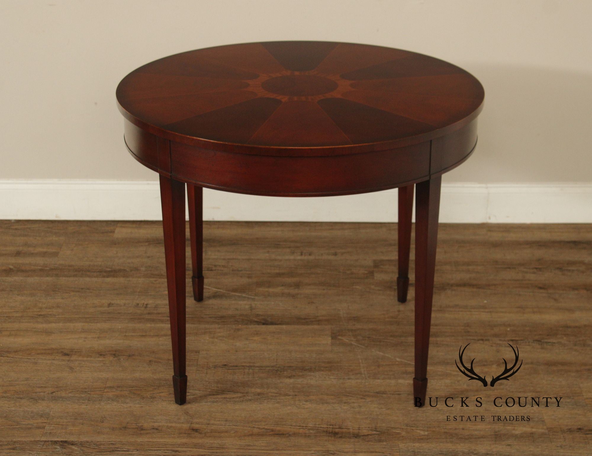 Baker Neoclassical Style Mahogany Inlaid Sunburst Round Center Table