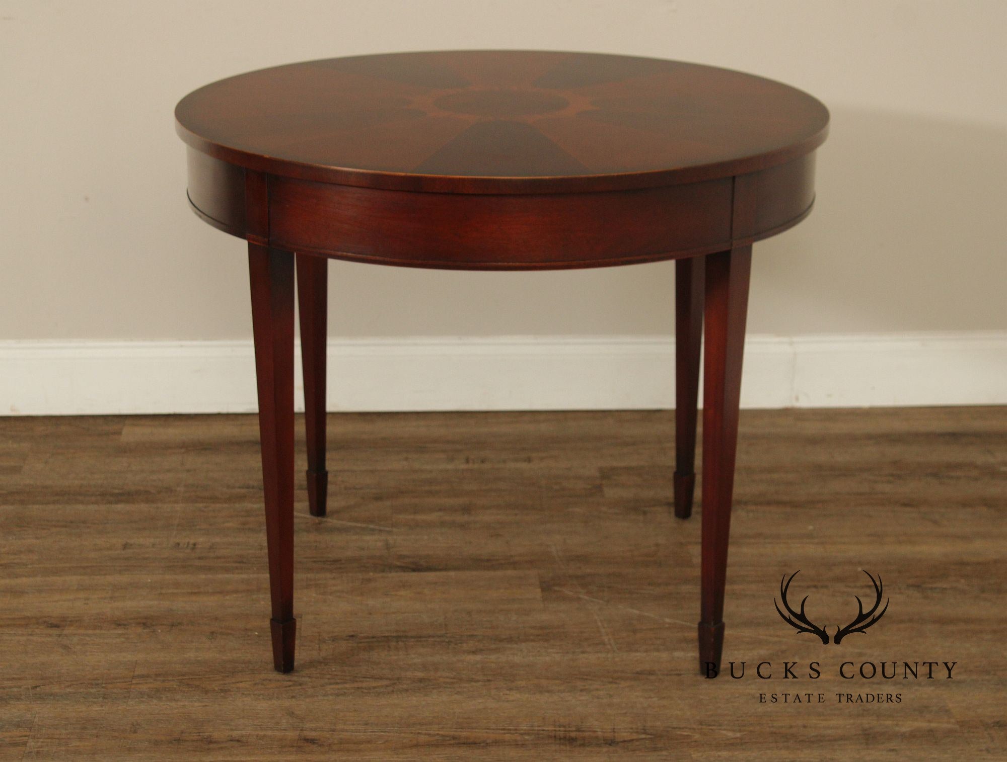 Baker Neoclassical Style Mahogany Inlaid Sunburst Round Center Table