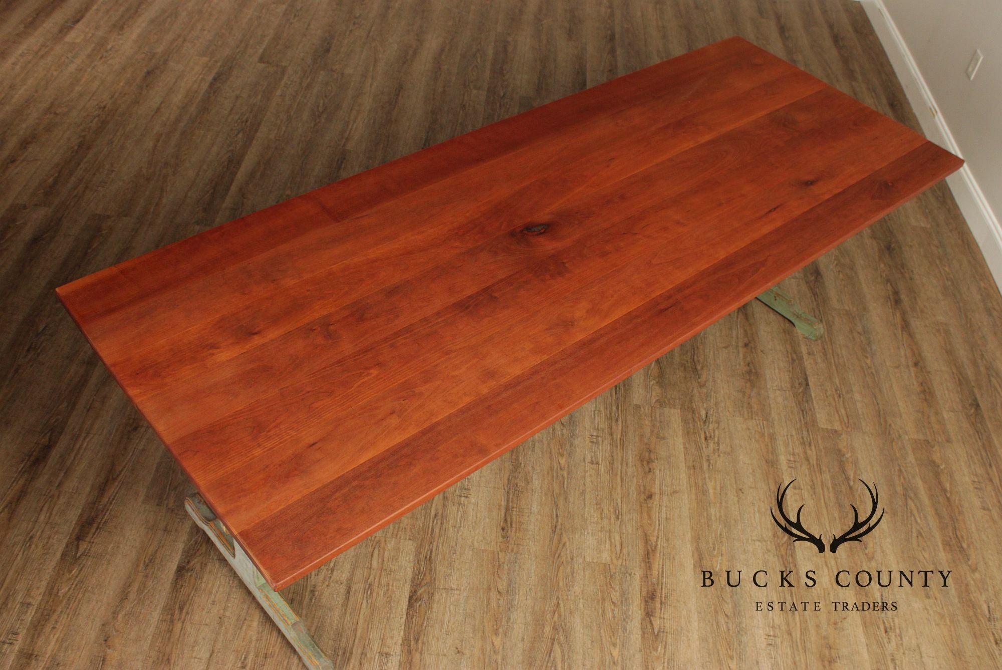 Rustic Farmhouse Style Painted Trestle Base Cherry Dining Table