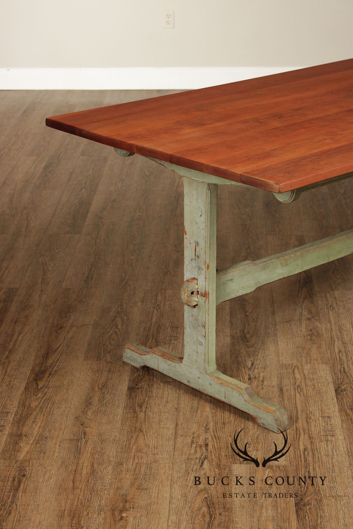 Rustic Farmhouse Style Painted Trestle Base Cherry Dining Table