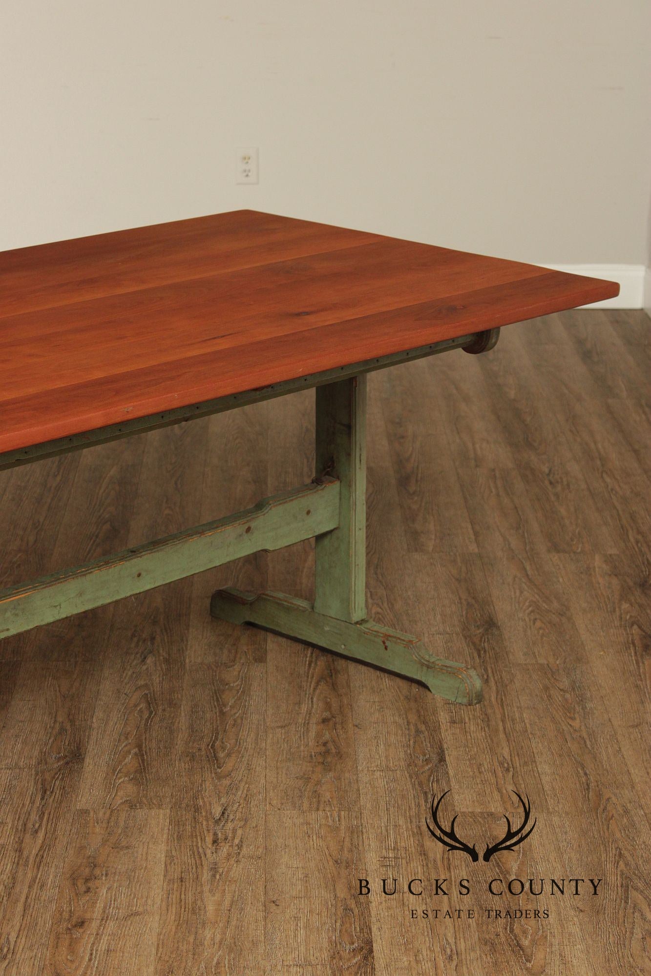 Rustic Farmhouse Style Painted Trestle Base Cherry Dining Table