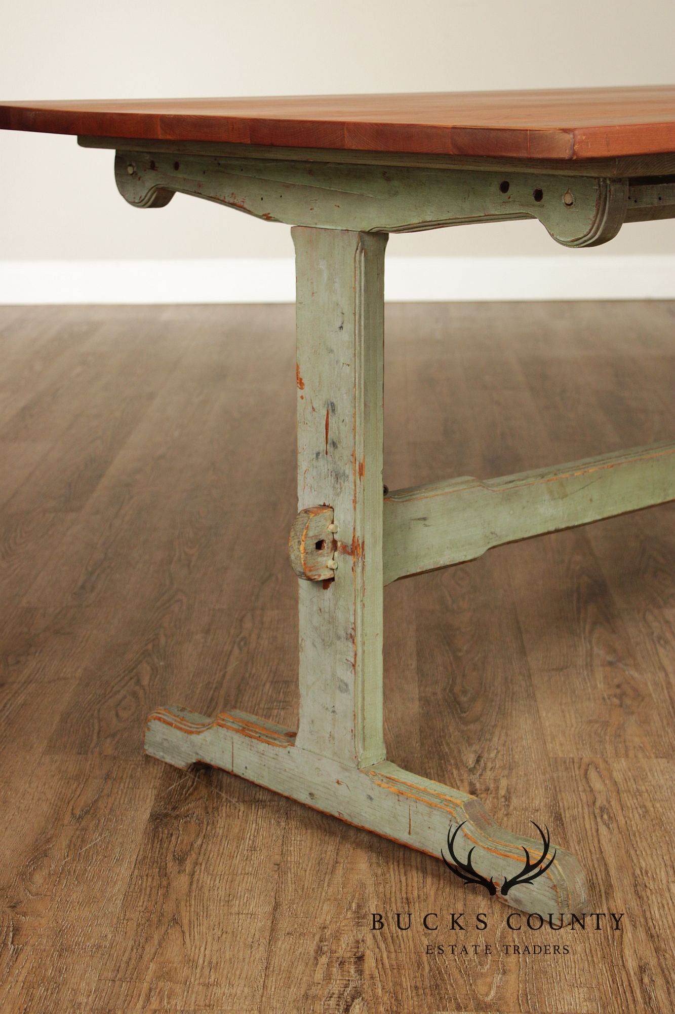 Rustic Farmhouse Style Painted Trestle Base Cherry Dining Table