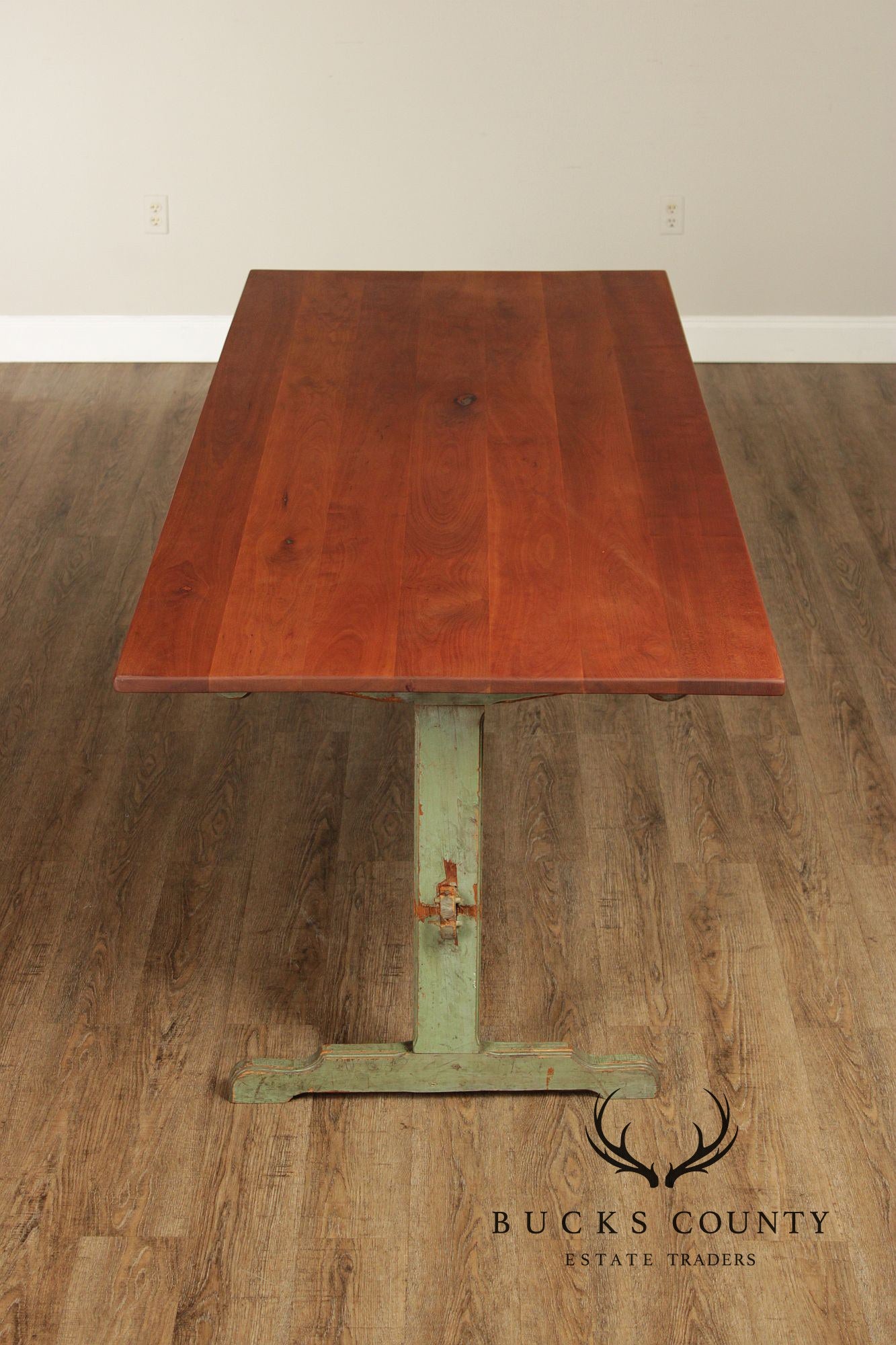 Rustic Farmhouse Style Painted Trestle Base Cherry Dining Table