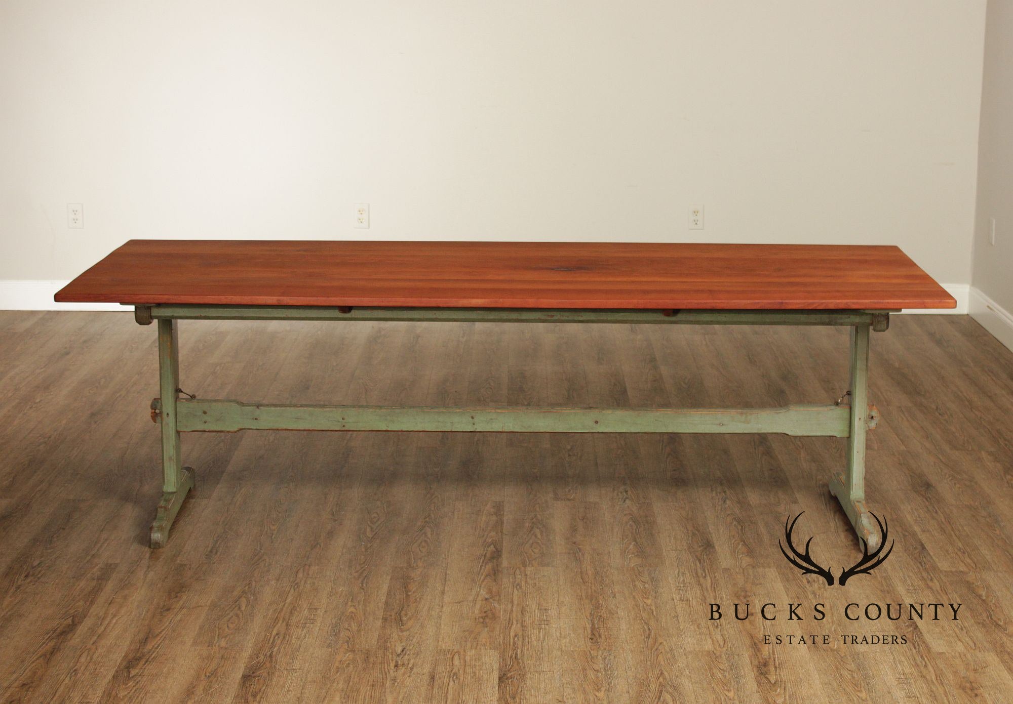 Rustic Farmhouse Style Painted Trestle Base Cherry Dining Table
