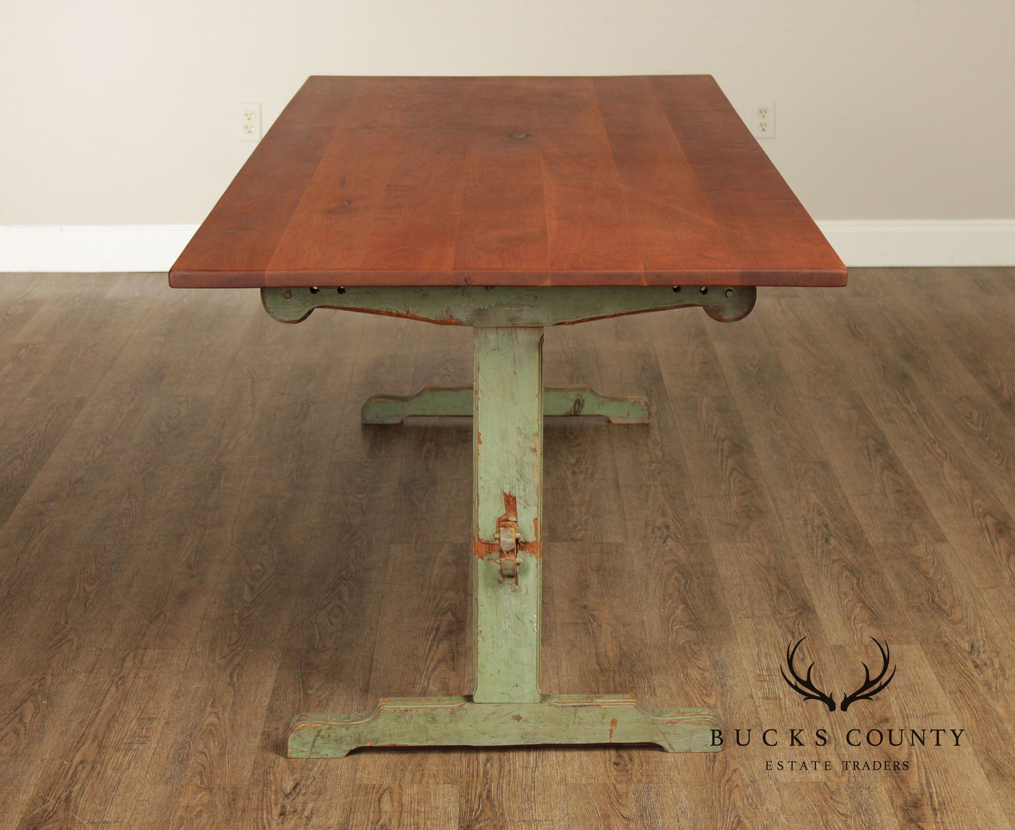 Rustic Farmhouse Style Painted Trestle Base Cherry Dining Table