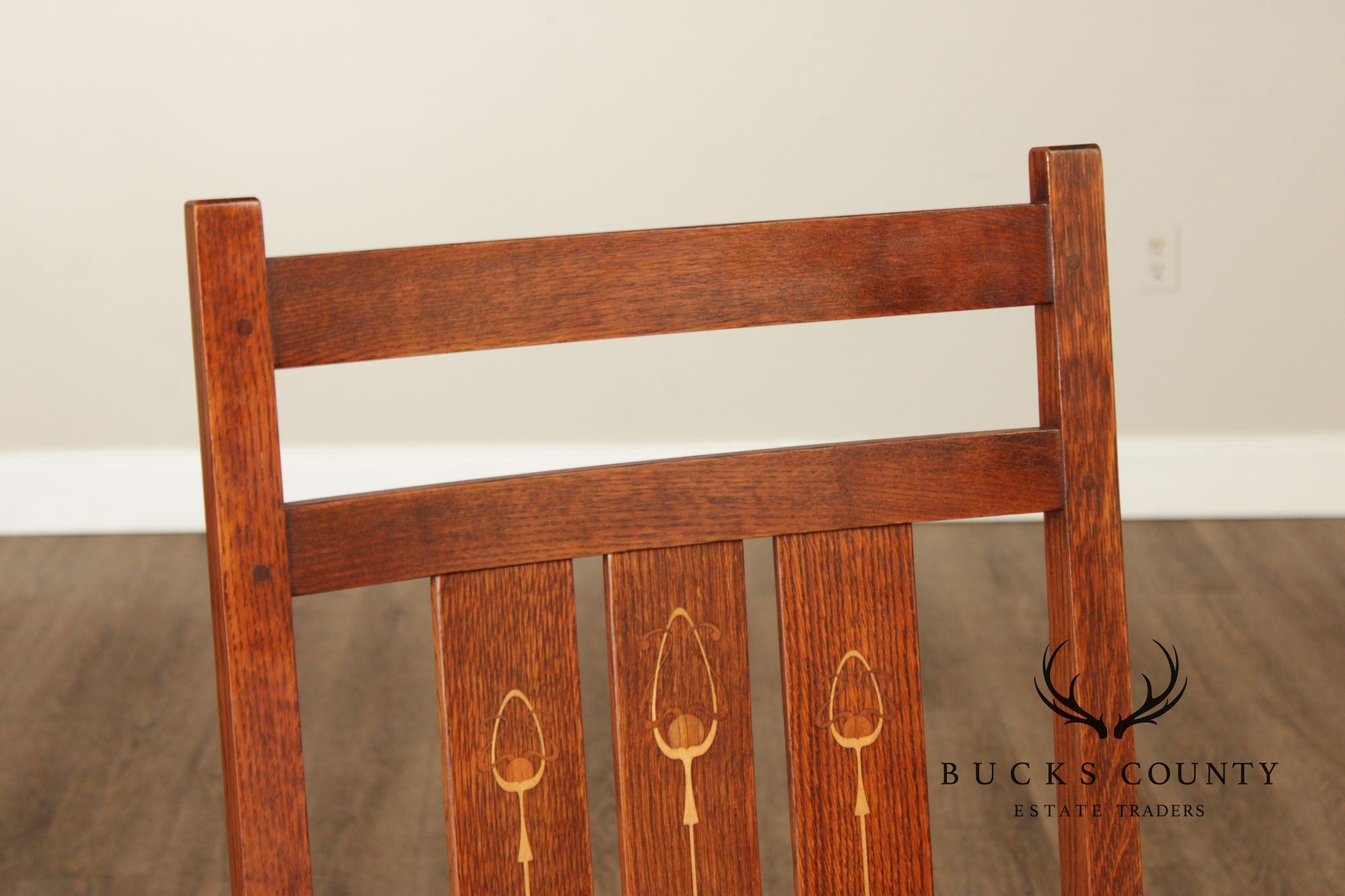 Stickley Mission Collection Pair of Harvey Ellis Inlaid Oak Dining Armchairs