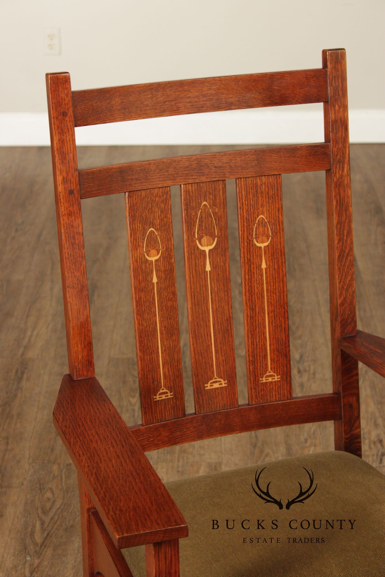 Stickley Mission Collection Pair of Harvey Ellis Inlaid Oak Dining Armchairs