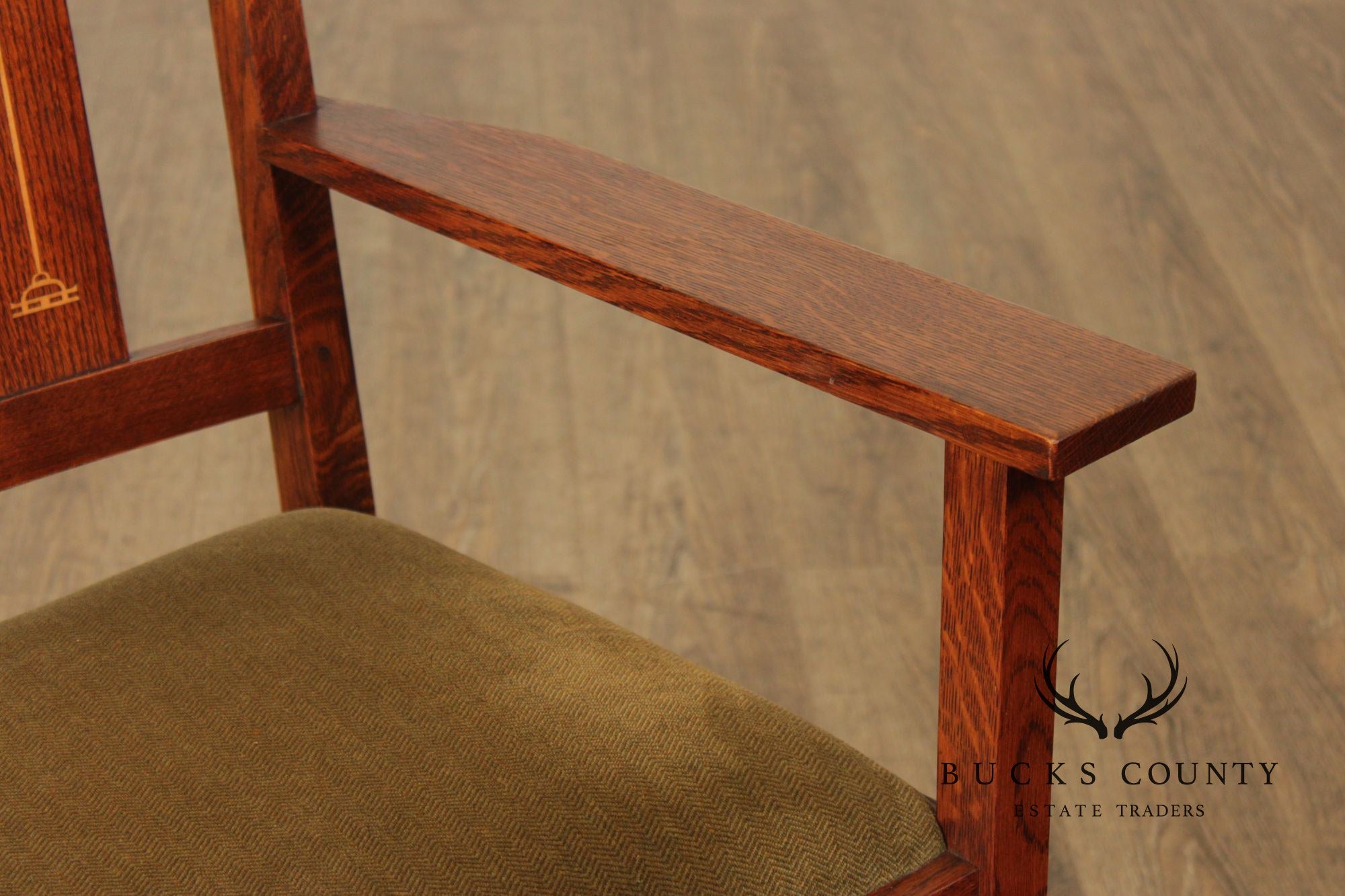 Stickley Mission Collection Pair of Harvey Ellis Inlaid Oak Dining Armchairs
