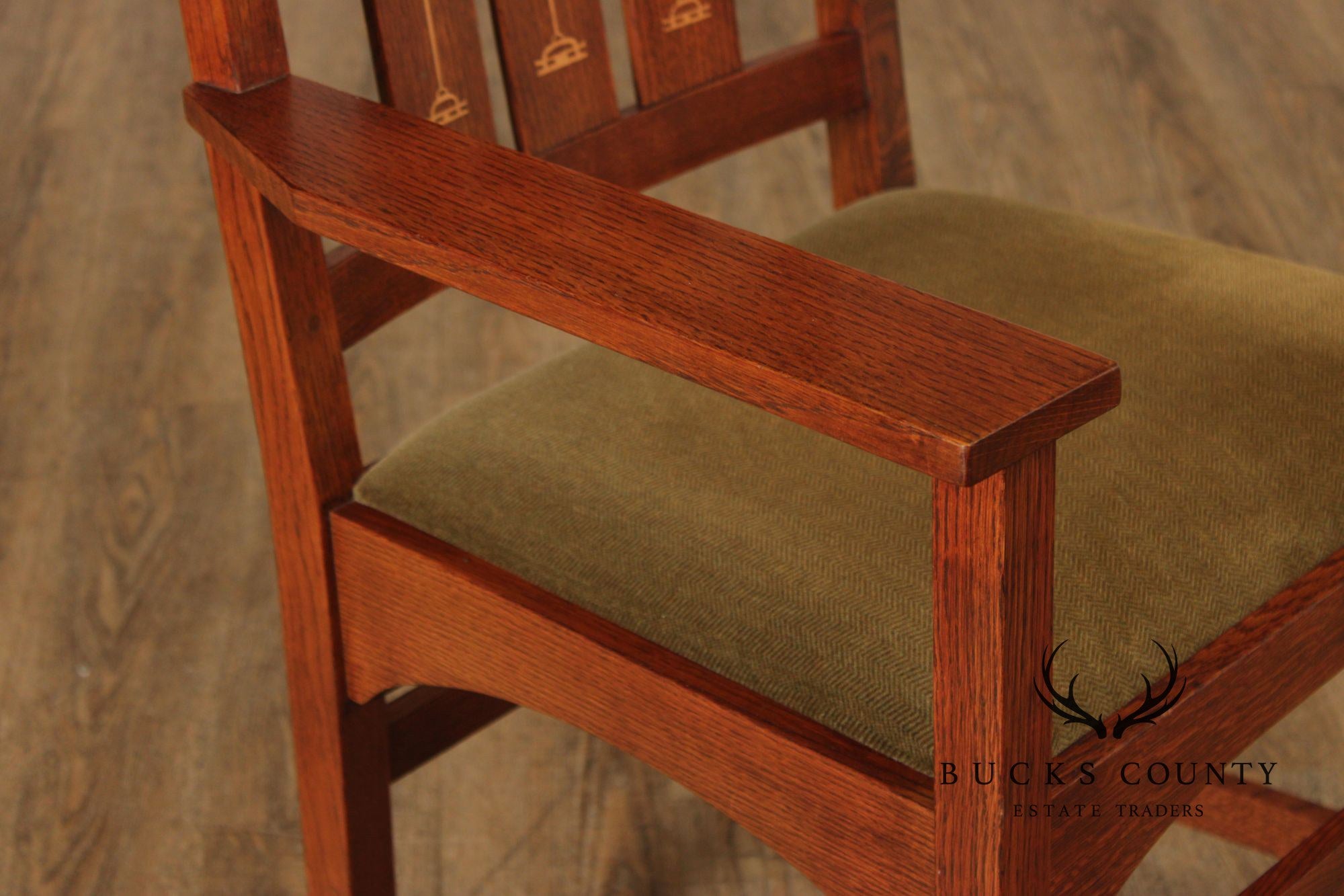 Stickley Mission Collection Pair of Harvey Ellis Inlaid Oak Dining Armchairs