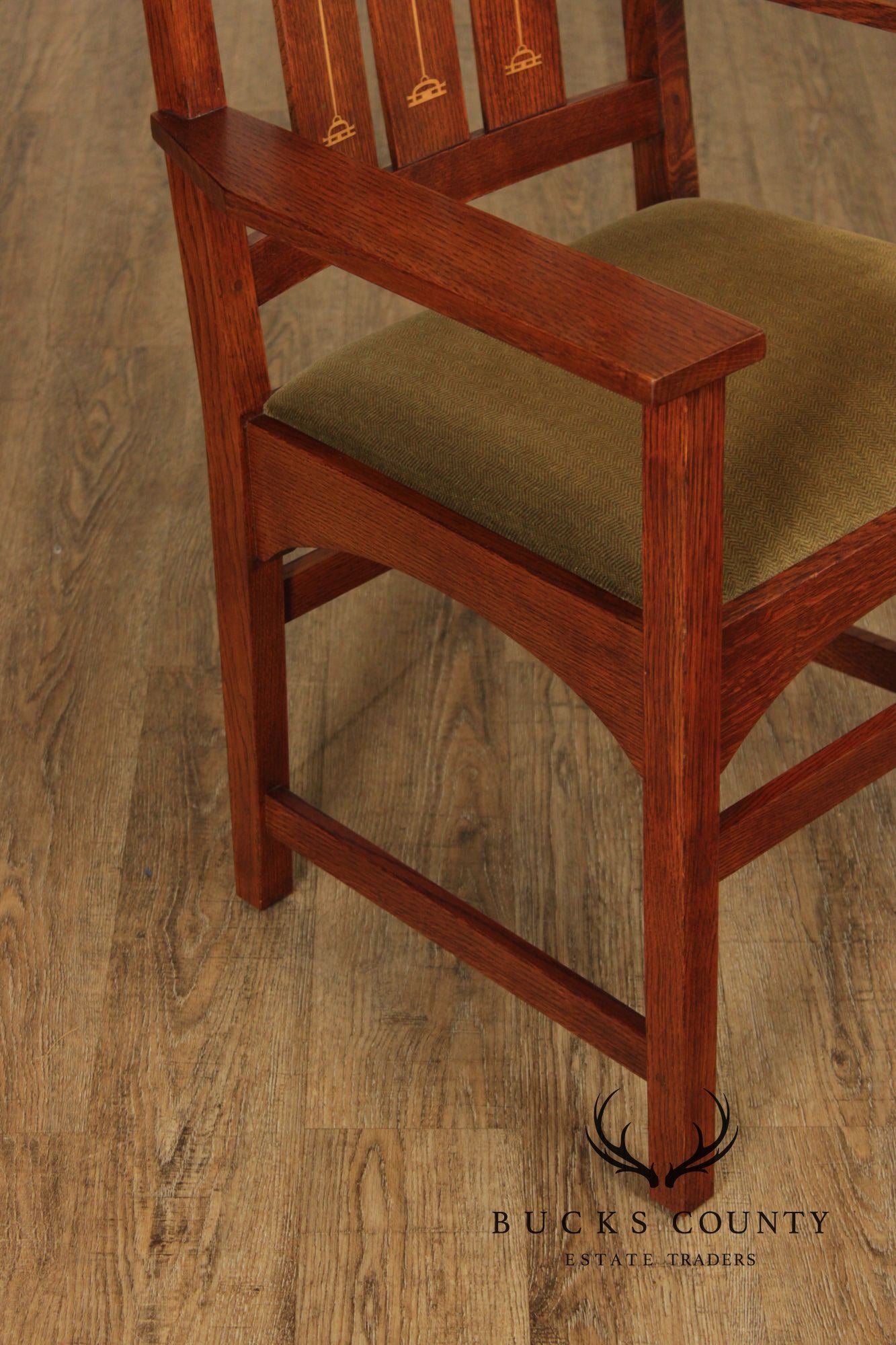 Stickley Mission Collection Pair of Harvey Ellis Inlaid Oak Dining Armchairs