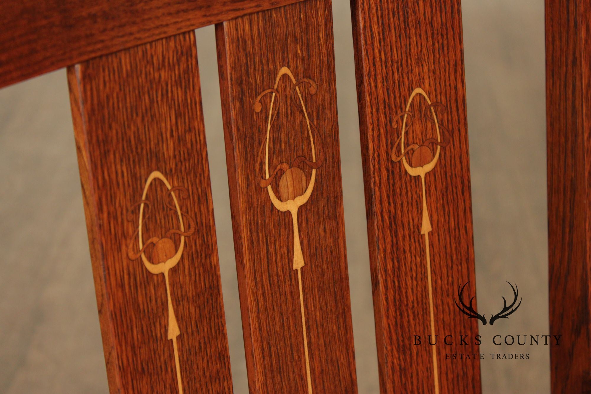 Stickley Mission Collection Pair of Harvey Ellis Inlaid Oak Dining Armchairs