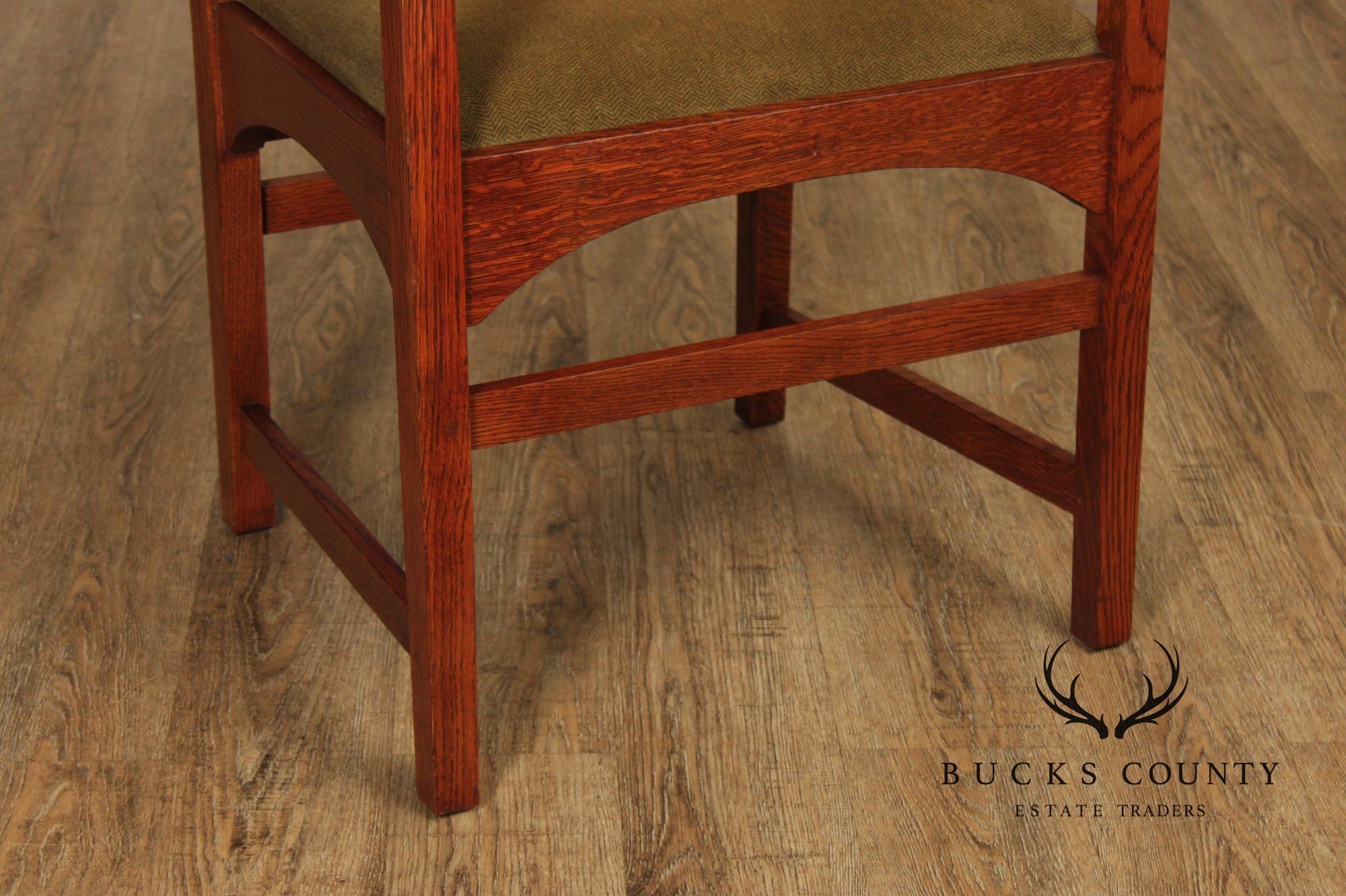Stickley Mission Collection Pair of Harvey Ellis Inlaid Oak Dining Armchairs