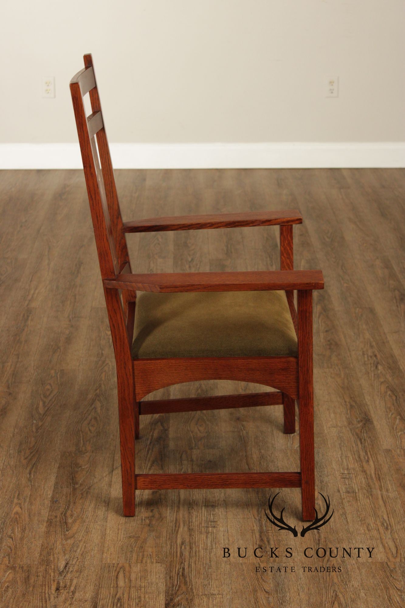 Stickley Mission Collection Pair of Harvey Ellis Inlaid Oak Dining Armchairs