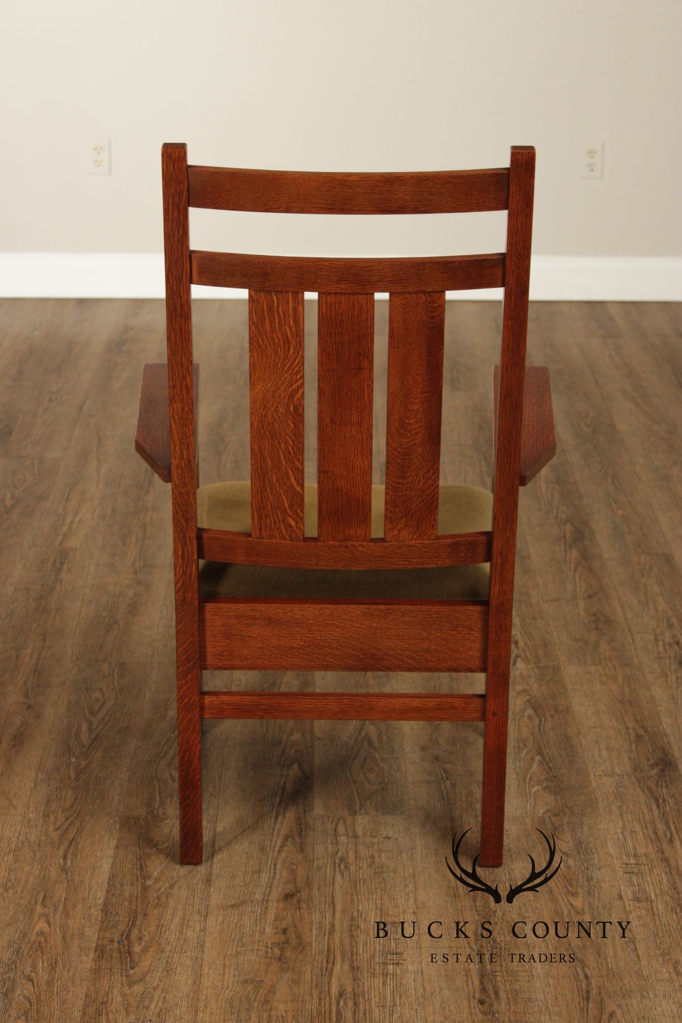 Stickley Mission Collection Pair of Harvey Ellis Inlaid Oak Dining Armchairs