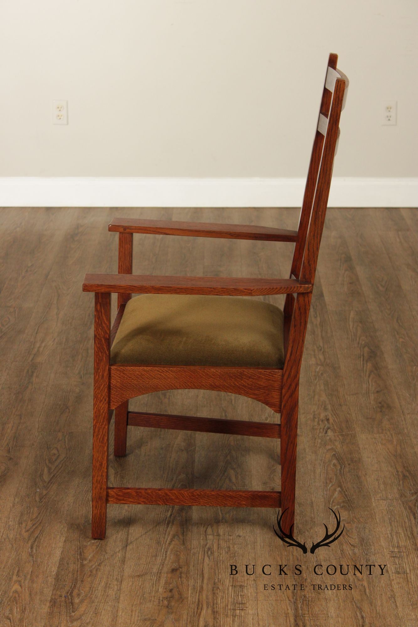 Stickley Mission Collection Pair of Harvey Ellis Inlaid Oak Dining Armchairs