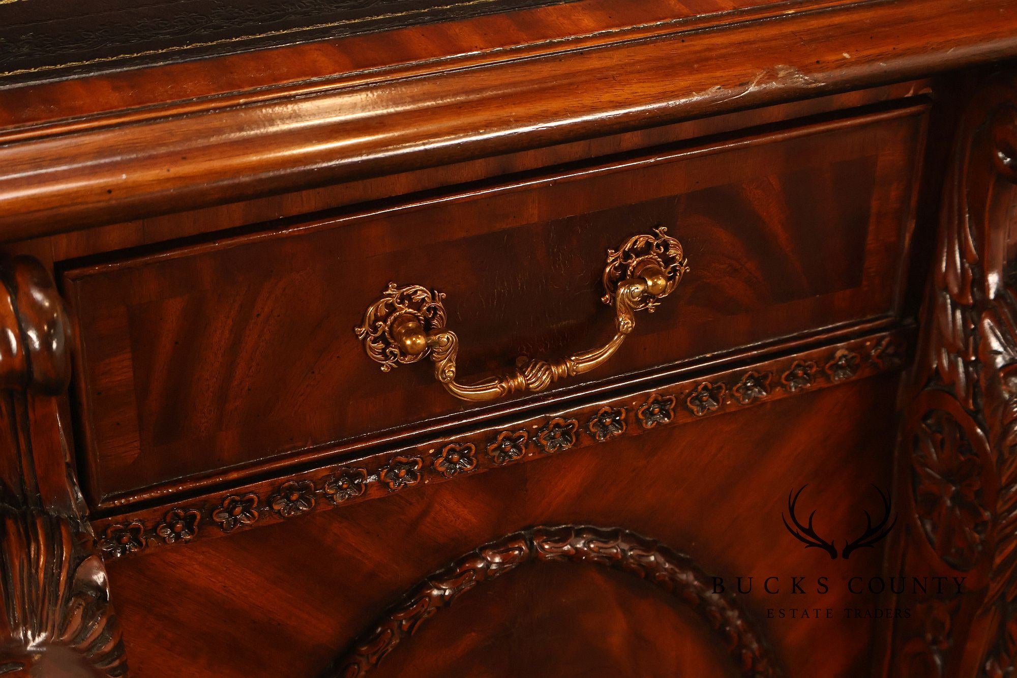 Maitland-Smith Carved Mahogany Leather Top Executive Partner's Desk
